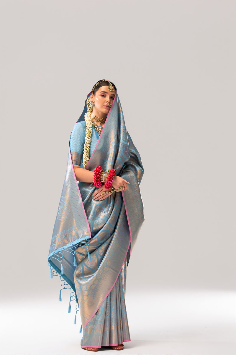 Two-Tone Blue Weaving Silk Saree with Contrast Selvage Border