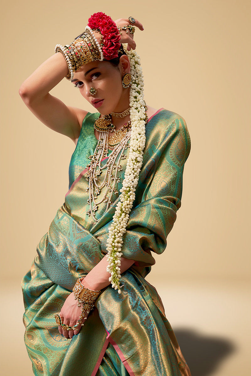 Two-Tone Green Weaving Silk Saree with Contrast Selvage Border