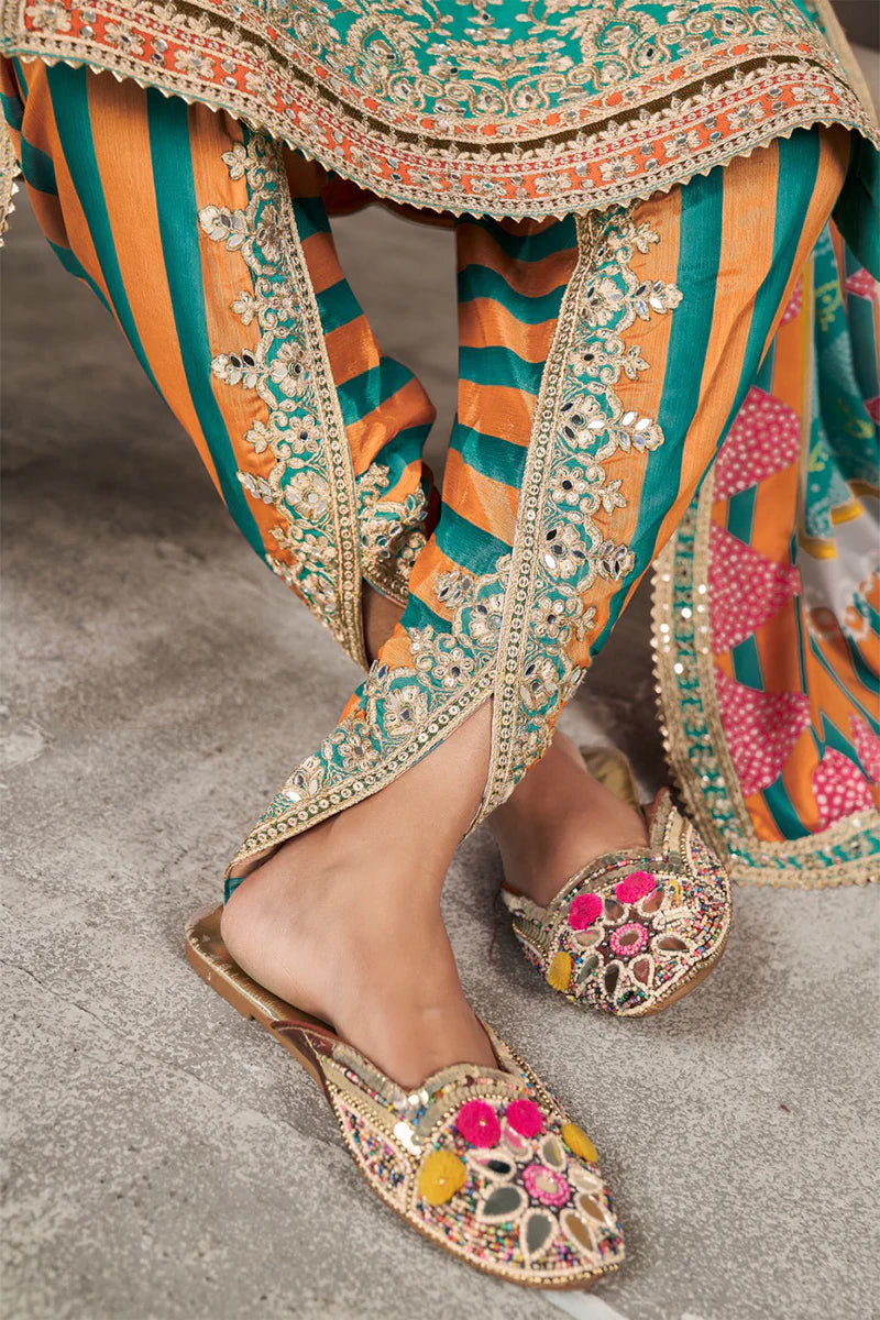 Green Silk Suit with Zari Embroidery with Designer Dhoti Pant & Dupatta