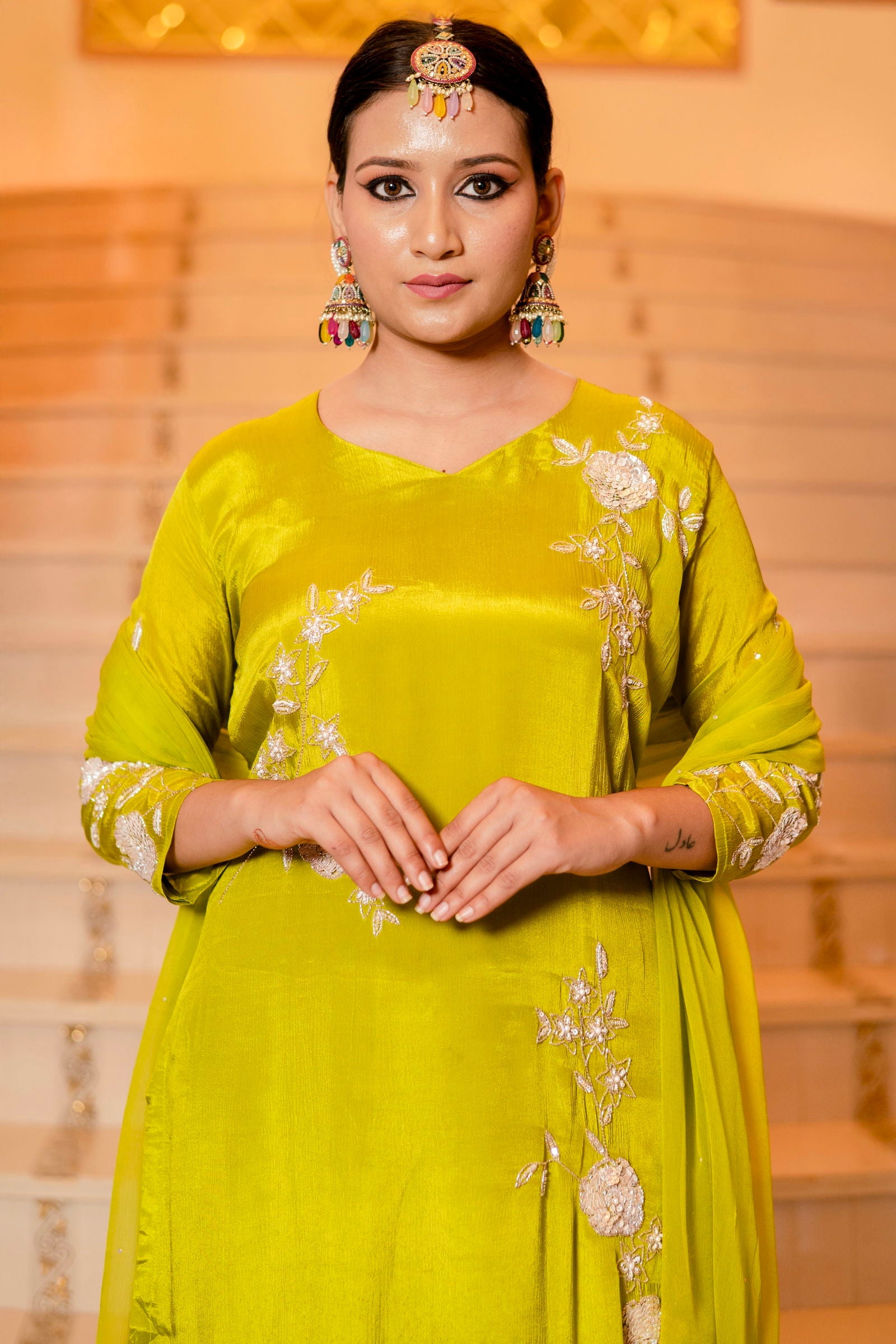 Mehandi Green Chiffon Hand Embriodered Kurta with Palazzo Set - Mayrake.in