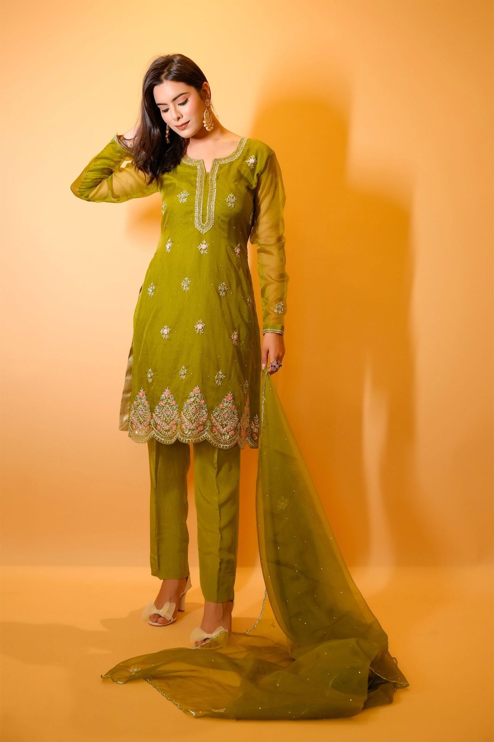 Mehandi Green Organza Handwork Zardozi Suit - Mayrake.in