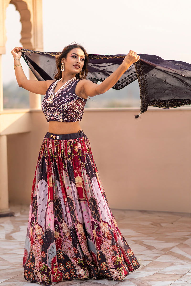 Multi-Color Pastel Lehenga Skirt with Zardosi Crop Top and Embroidered Dupatta - Mayrake -