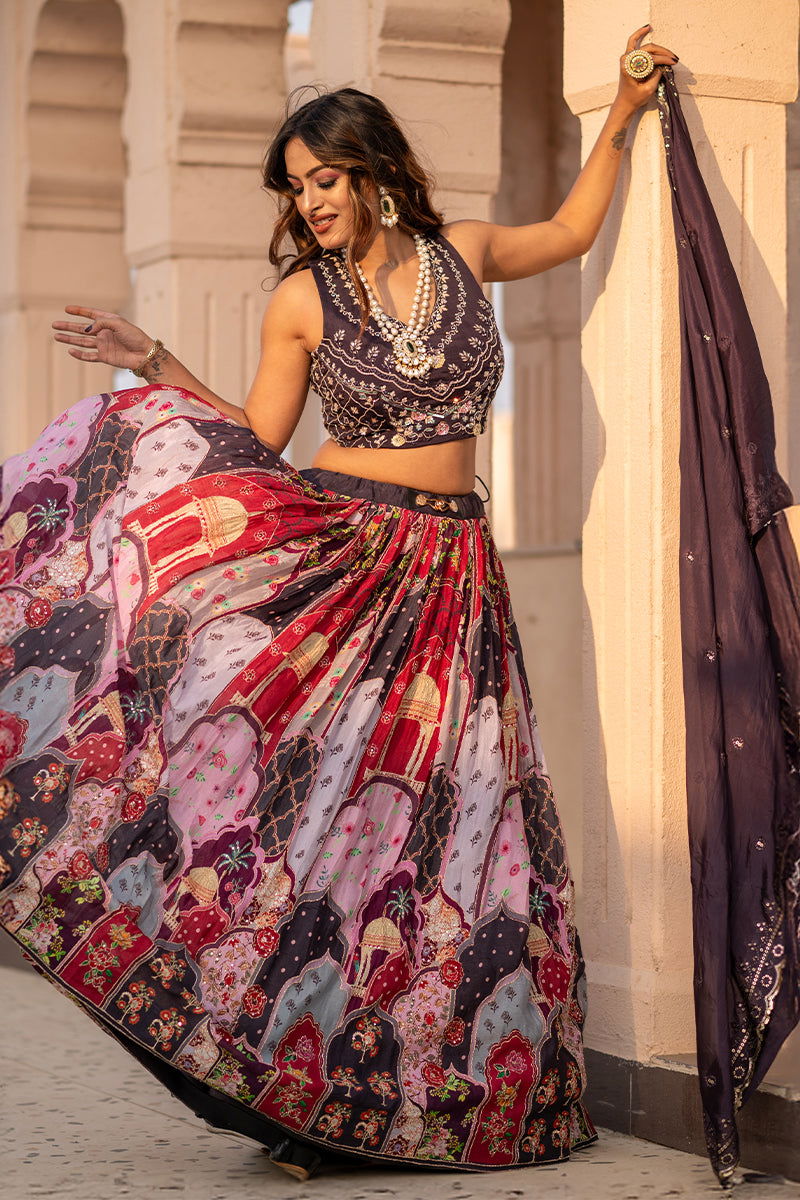 Multi-Color Pastel Lehenga Skirt with Zardosi Crop Top and Embroidered Dupatta - Mayrake -