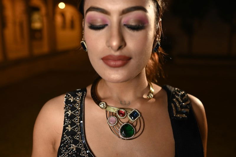 Multi-Stone Hasli style Necklace with Blue Stone Earrings - Mayrake -