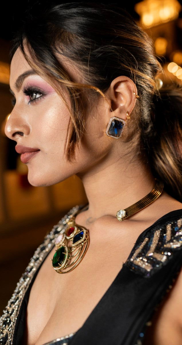 Multi-Stone Hasli style Necklace with Blue Stone Earrings - Mayrake -