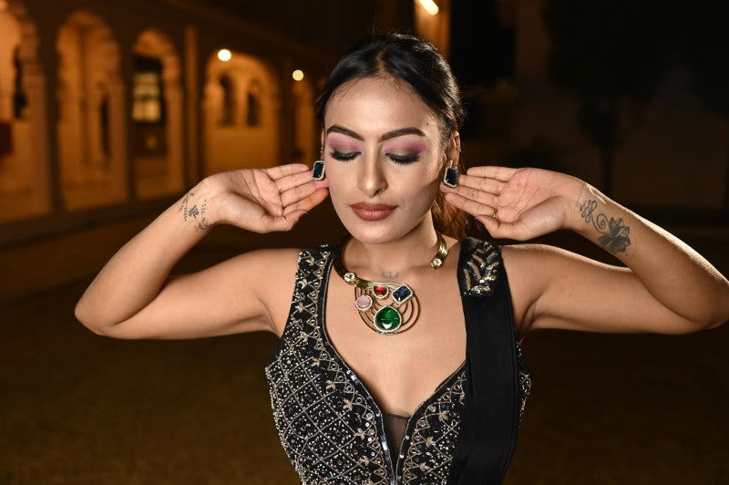 Multi-Stone Hasli style Necklace with Blue Stone Earrings - Mayrake -