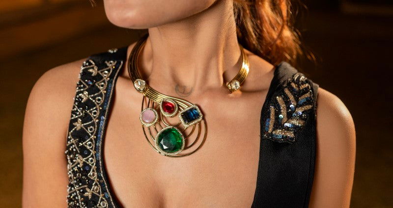 Multi-Stone Hasli style Necklace with Blue Stone Earrings - Mayrake -