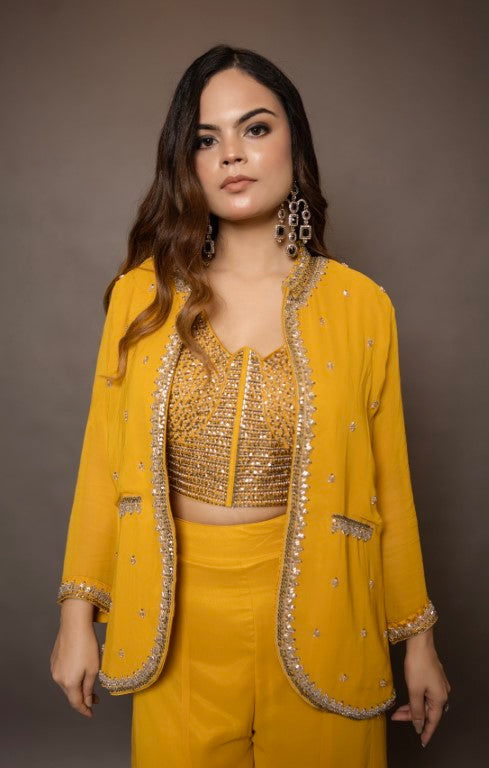 Red Georgette Embroidered Crop Top with Stylish Coat & Palazzo Set