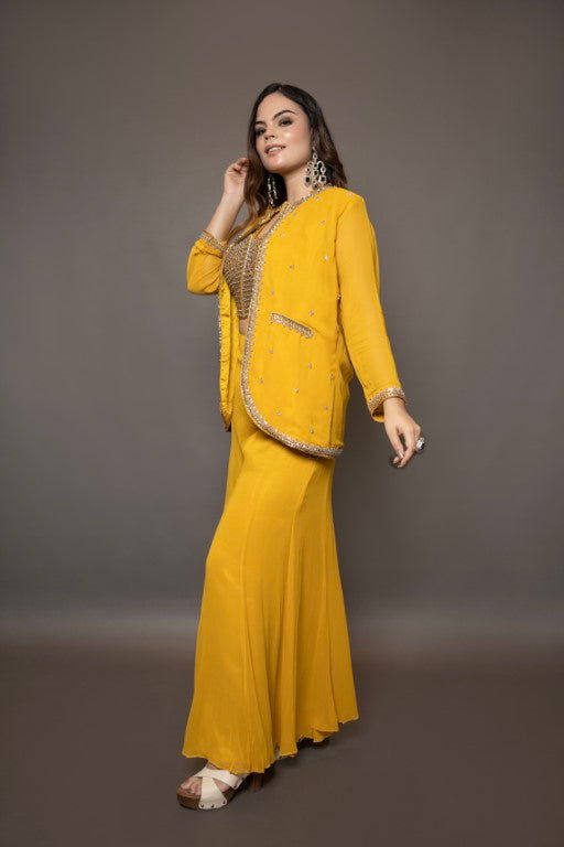 Red Georgette Embroidered Crop Top with Stylish Coat & Palazzo Set