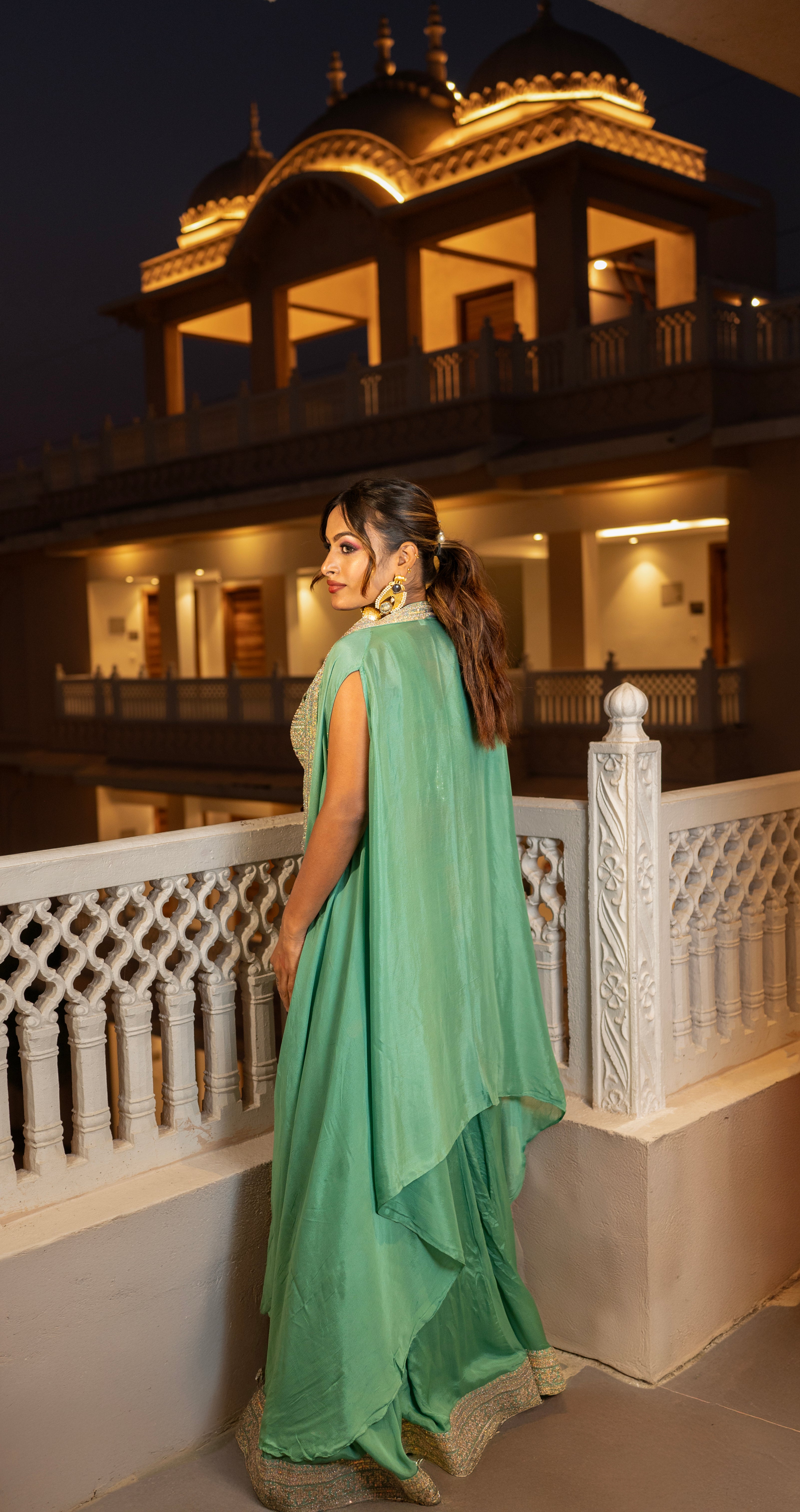 Mehandi Green Embroidered Silk Tank Top with Palazzo and Full Shrug