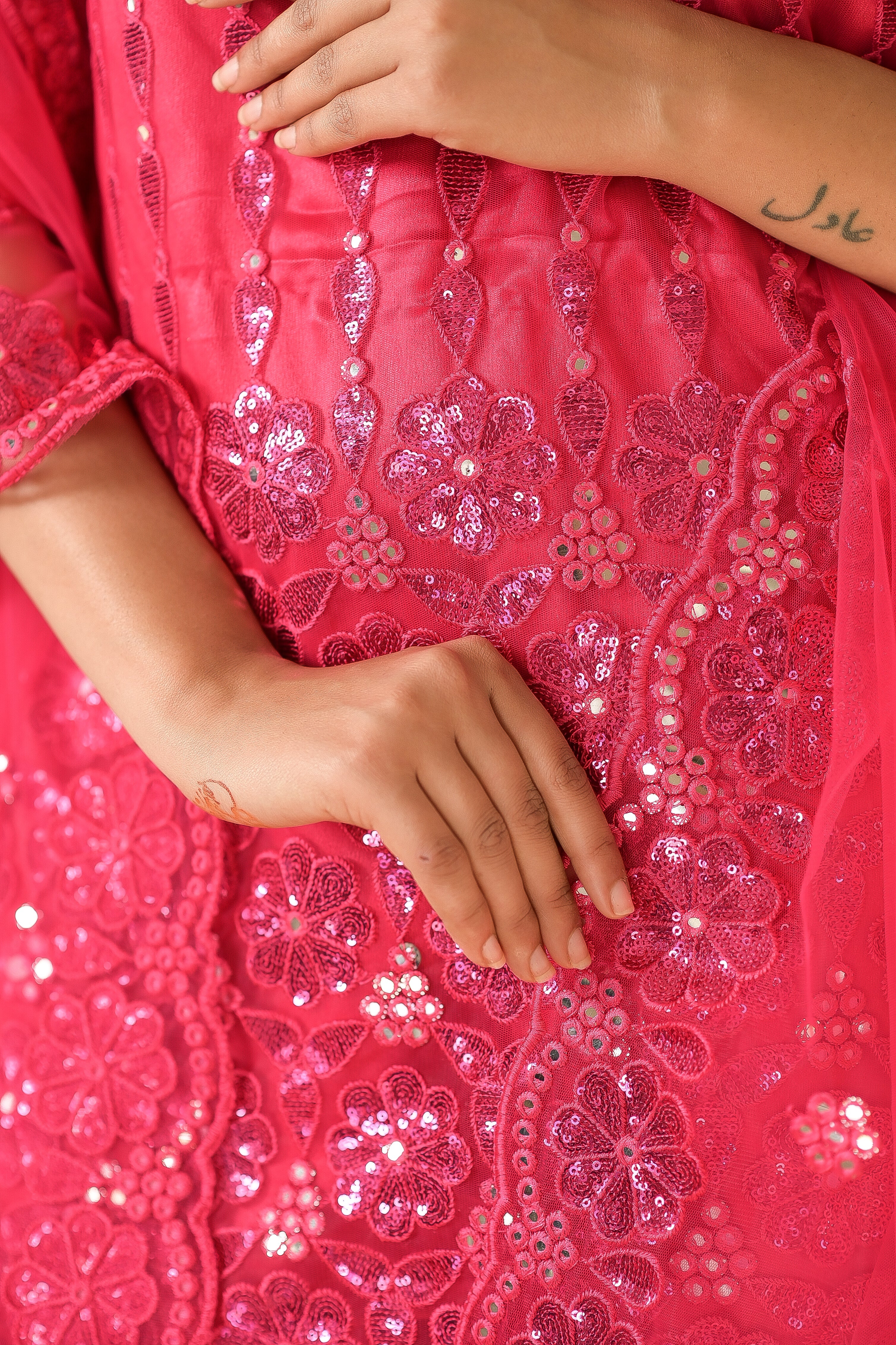 Fuchsia Pink Super Net Full Sleeve Kurta With Flared Palazzo Sets