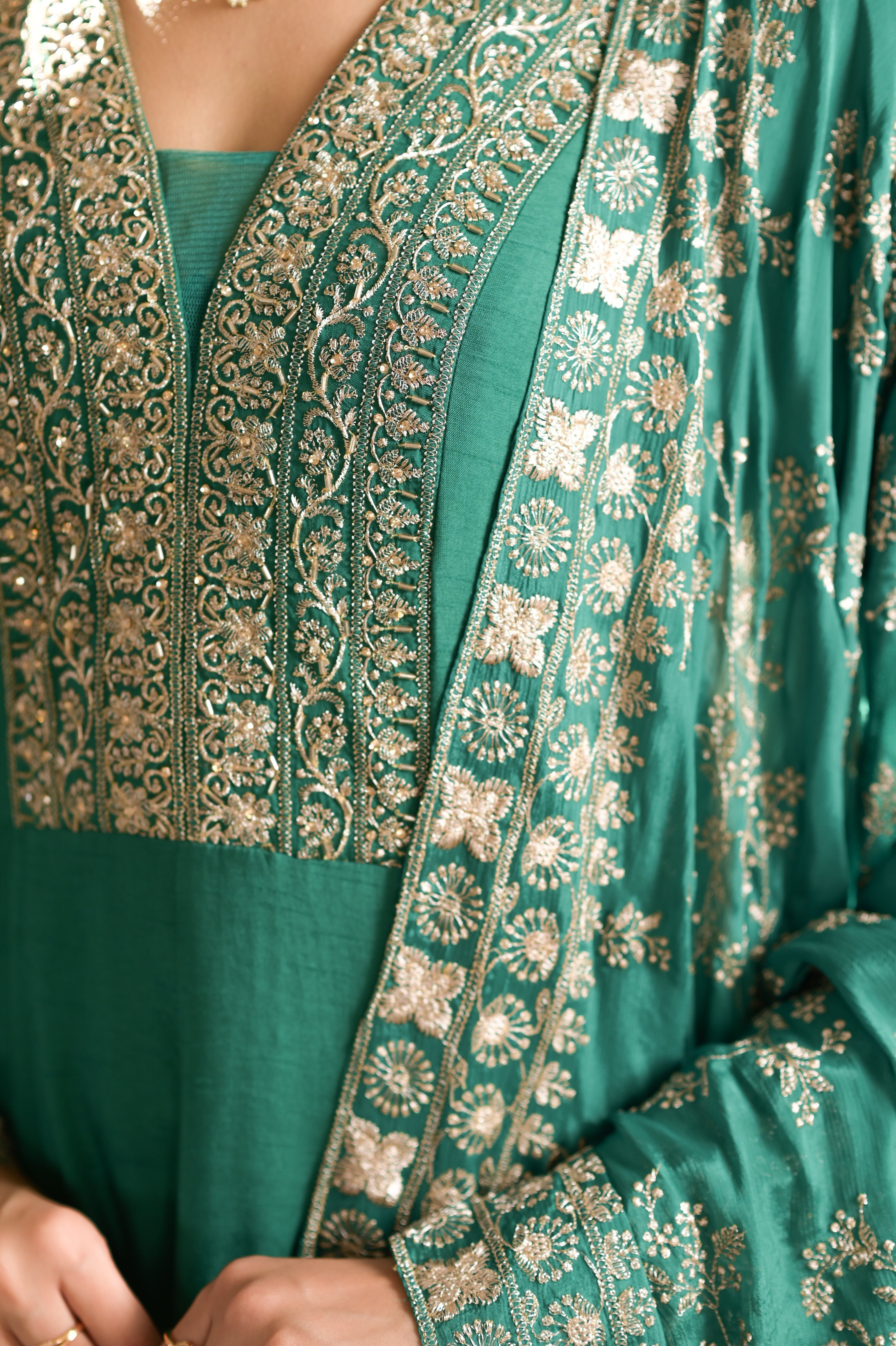 Teal Green Viscose Silk Zari Embroidered Floor Length Anarkali Set