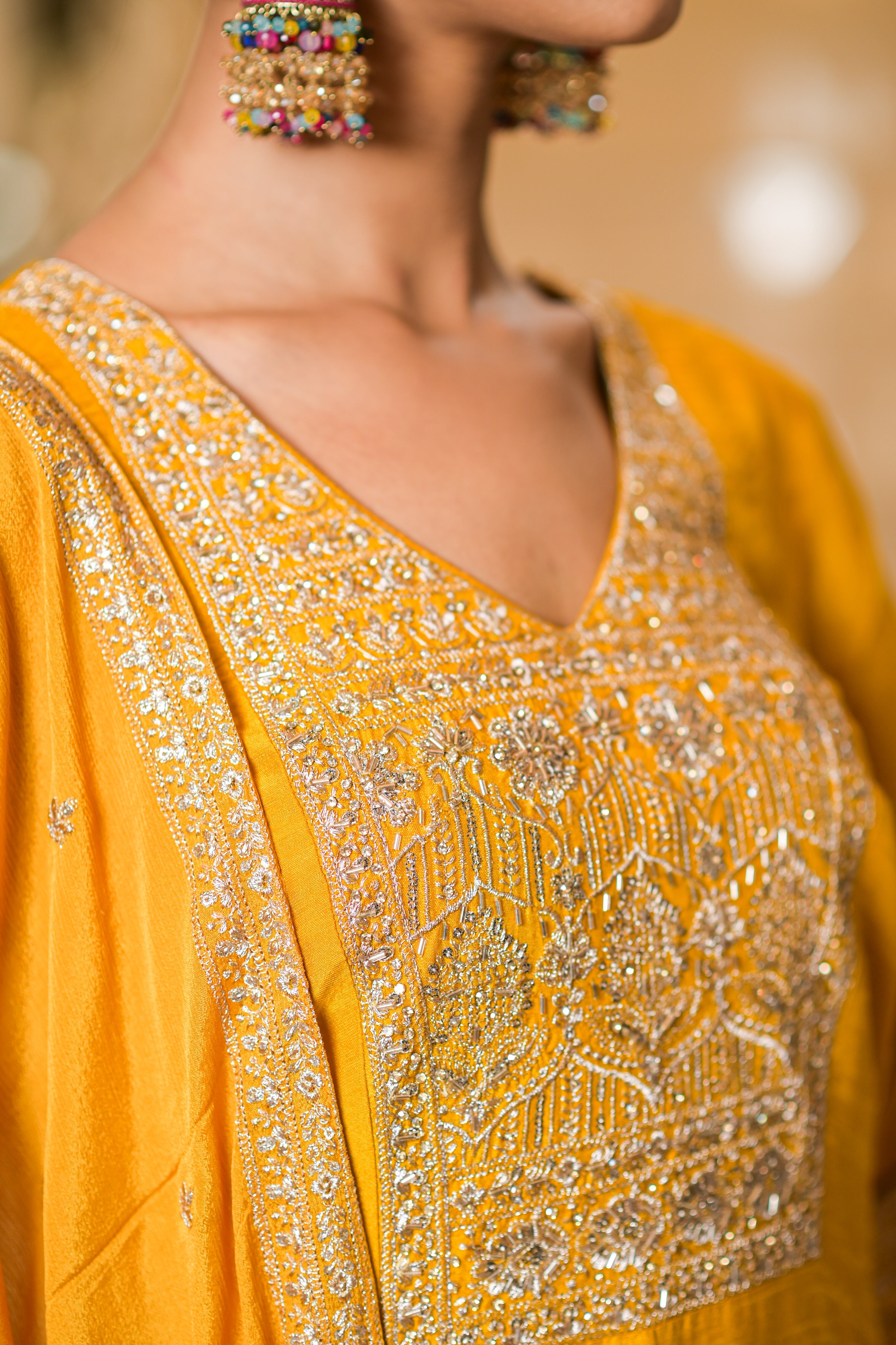 Yellow Viscose Silk Embroidered Kurta with Flared Palazzo Set