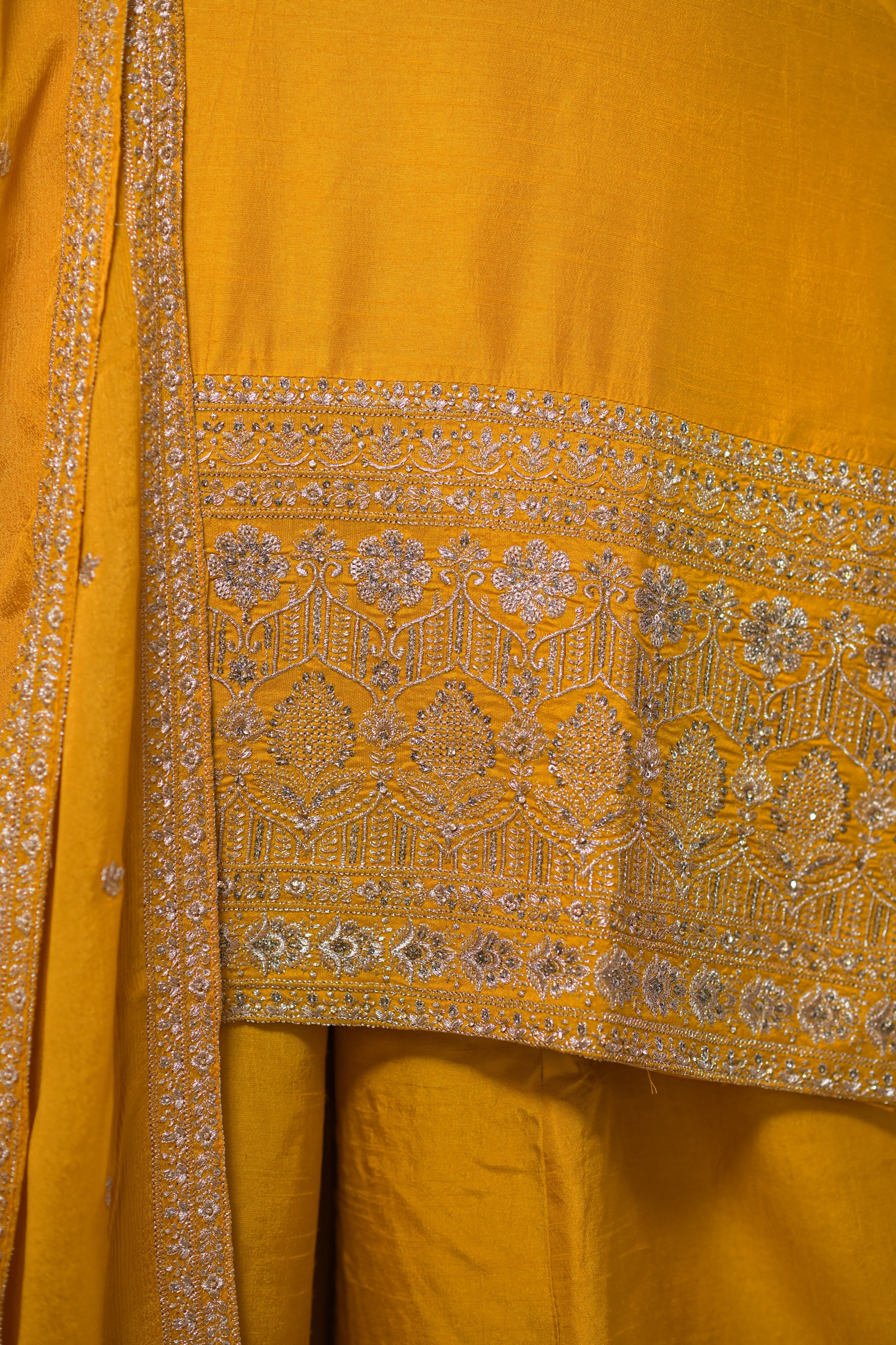 Yellow Viscose Silk Embroidered Kurta with Flared Palazzo Set