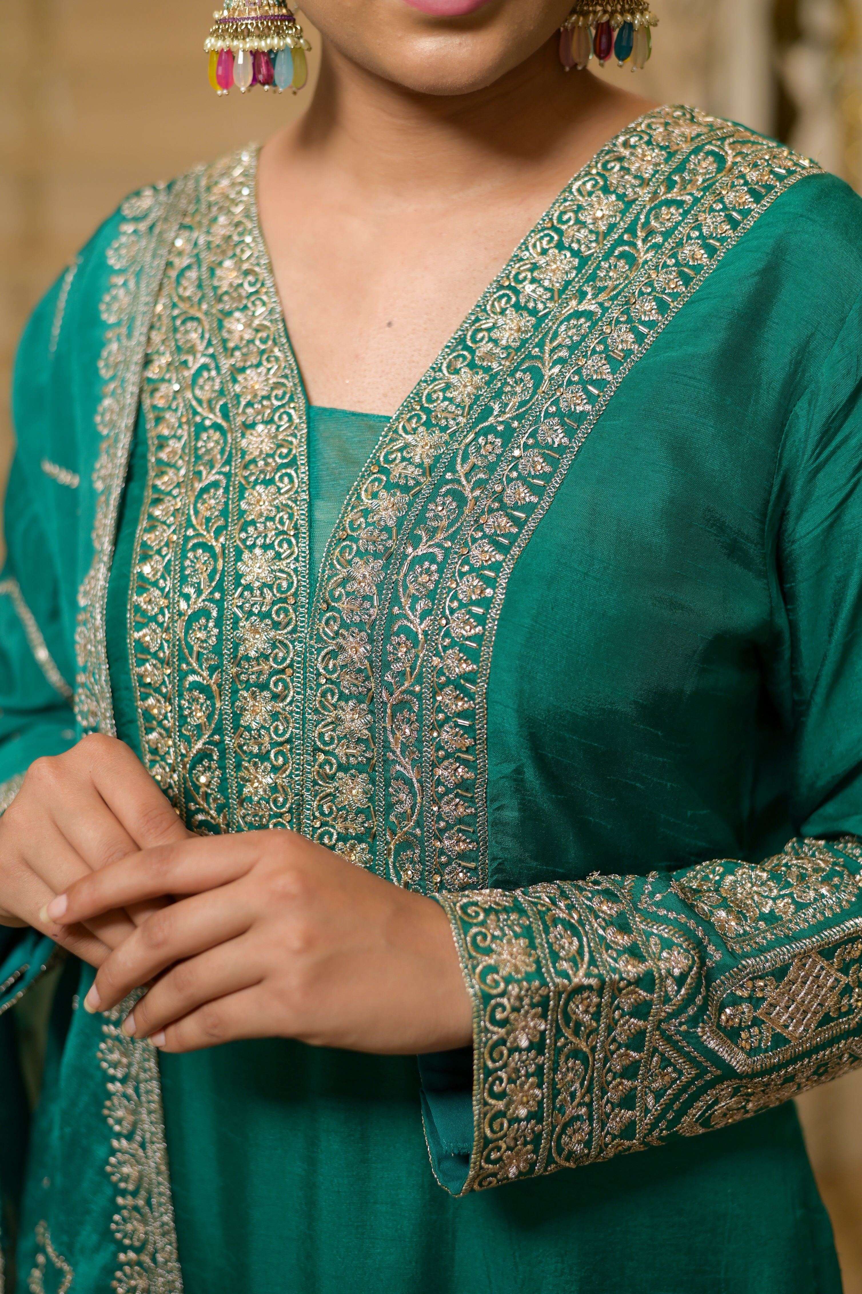 Teal Green Viscose Silk Embroidered Kurta with Flared Palazzo Set