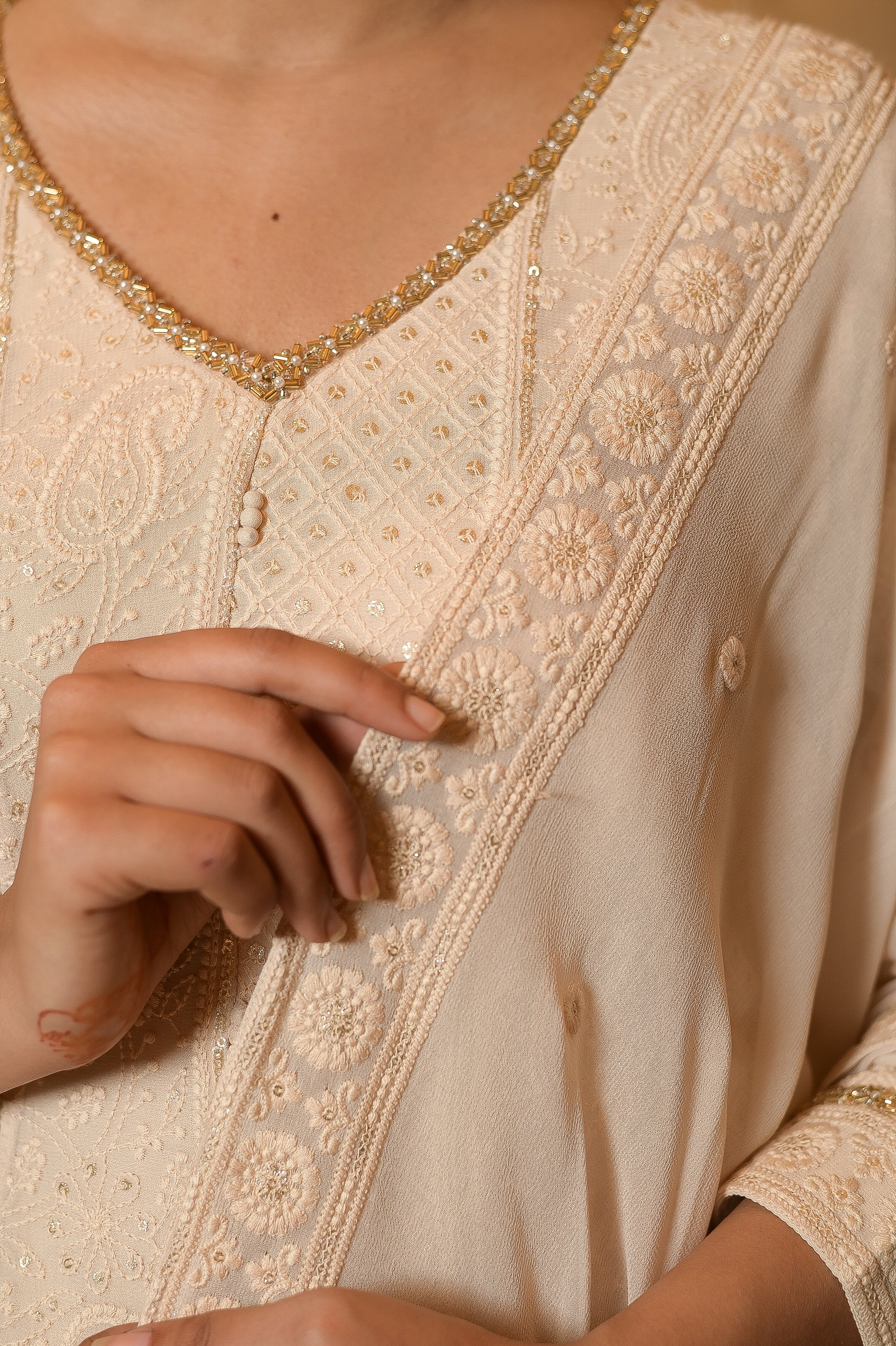 Ivory Cream Lucknowi Anarkali Kurta and Palazzo Sets