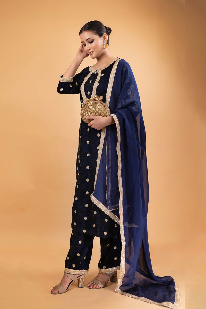 Navy Blue Velvet Embriodered Suit - Mayrake.in