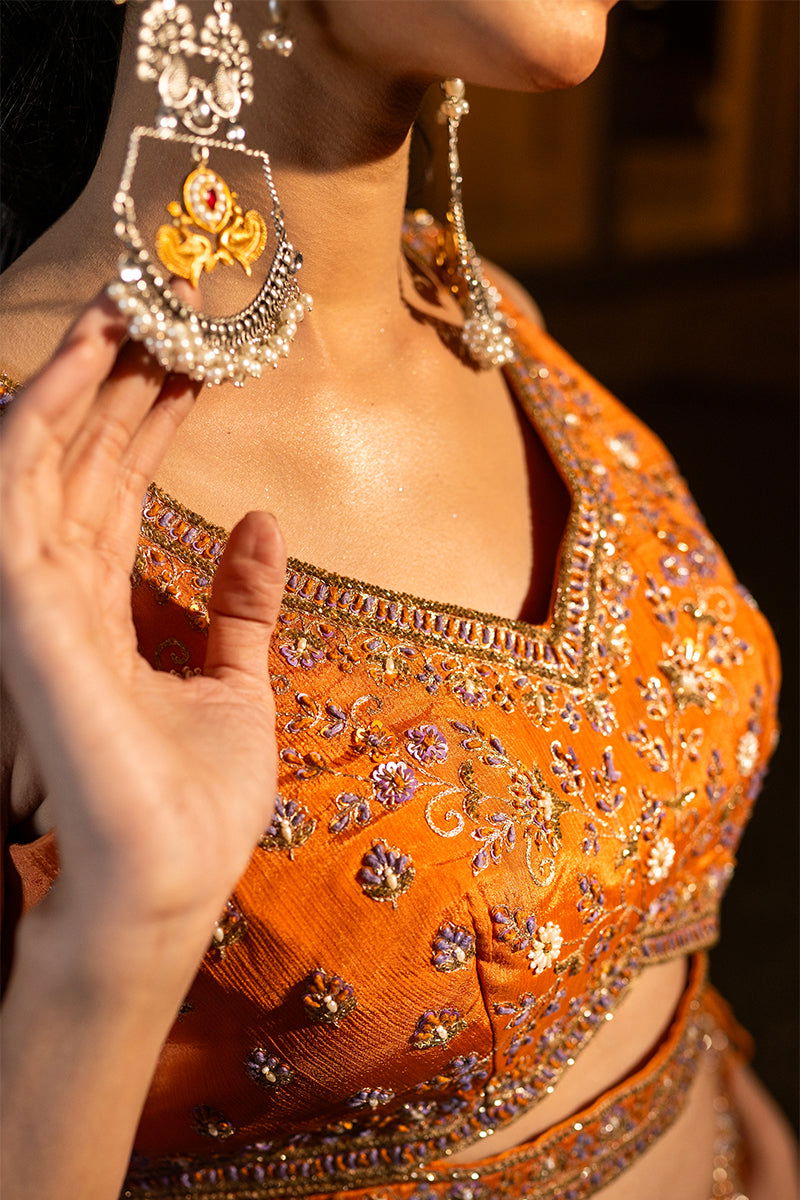Orange Buti Skirt with Zardosi Crop Top and Matching Embroidered Contrast Dupatta - Mayrake -