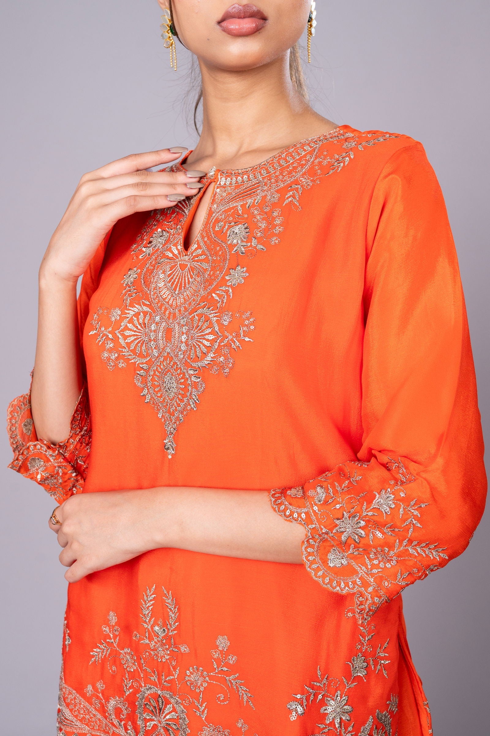 Orange Crepe Kurta Sharara Set with Golden Zari Embroidery - Mayrake.in