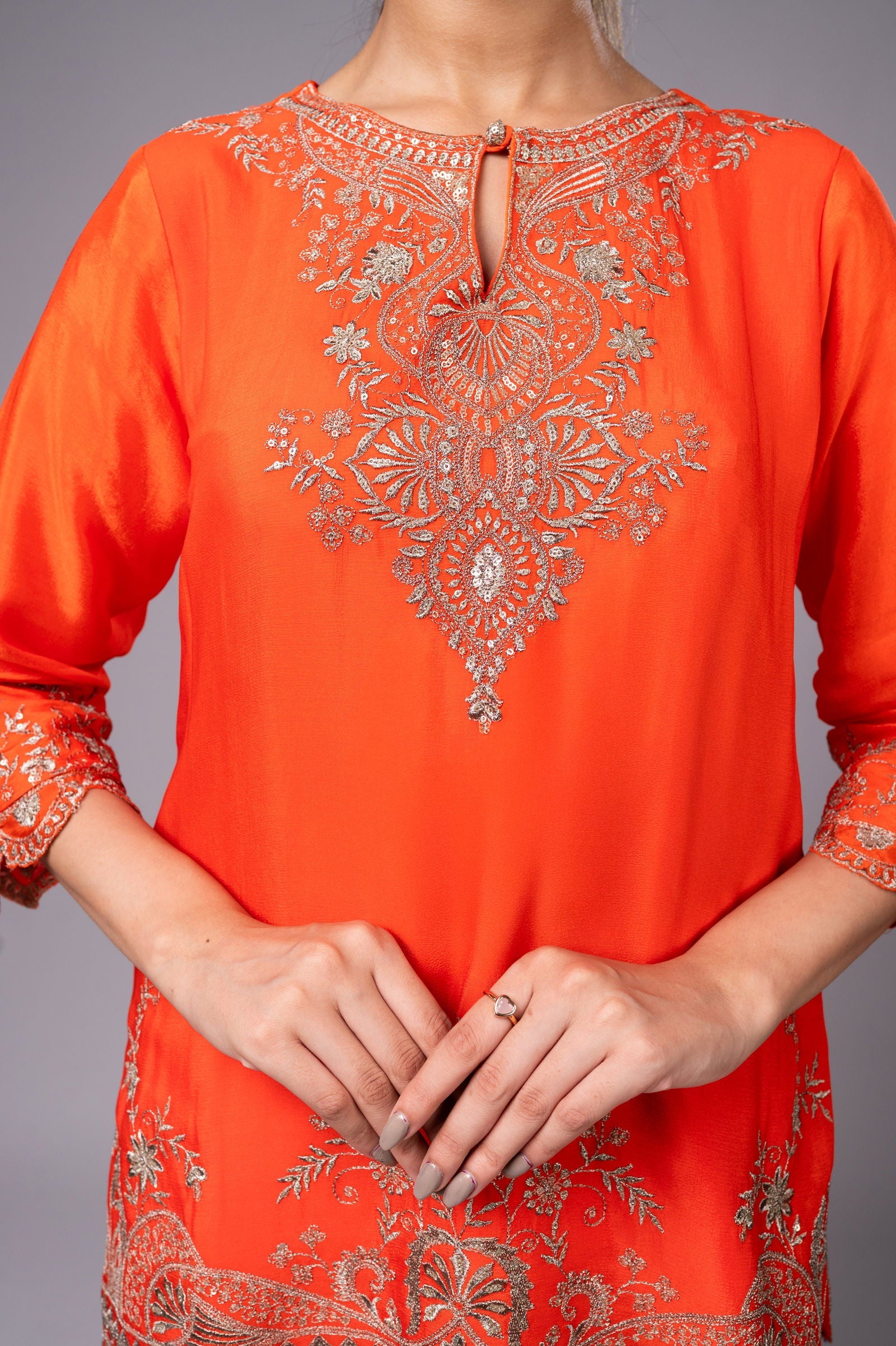 Orange Crepe Kurta Sharara Set with Golden Zari Embroidery - Mayrake.in