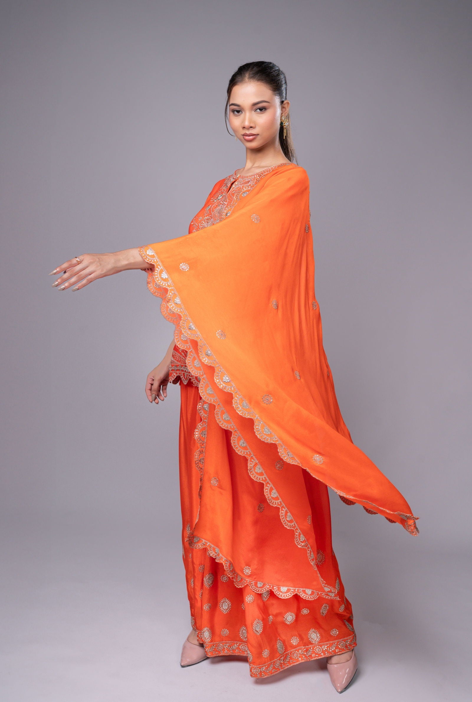 Orange Crepe Kurta Sharara Set with Golden Zari Embroidery - Mayrake.in