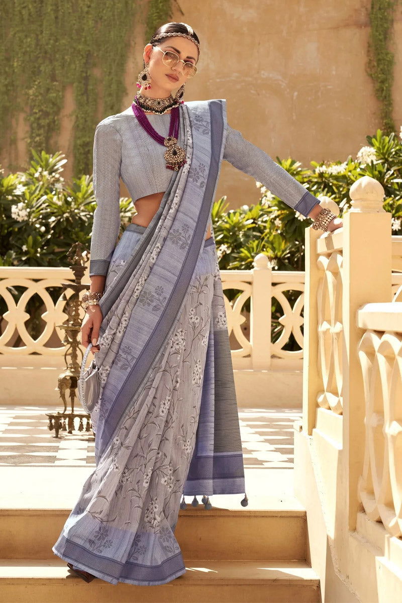 Oslo Gray Raw Silk Saree with Plain Printed Bengal Design - Mayrake.in