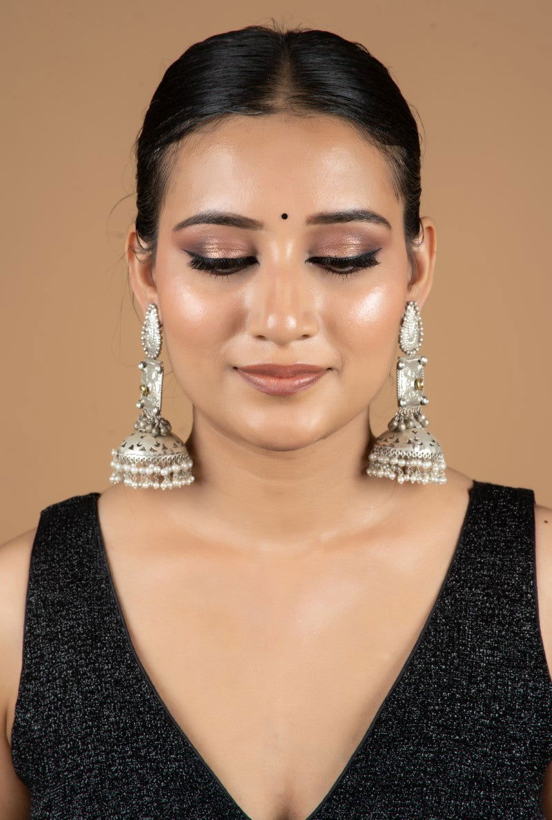 Oxidized Metal Hanging Pearls Jhumkas - Mayrake.in