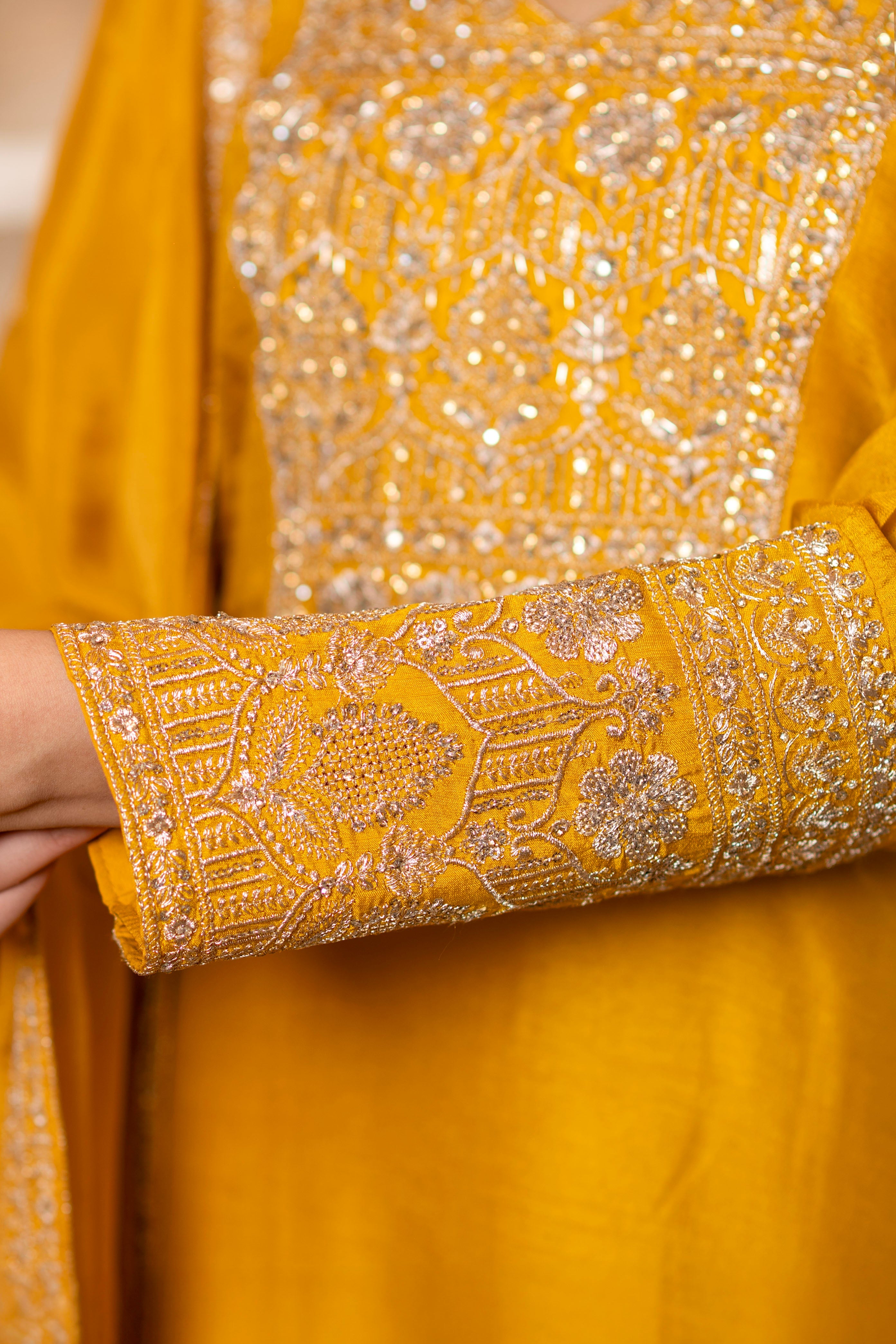 Yellow Viscose Silk Embroidered Kurta with Flared Palazzo Set