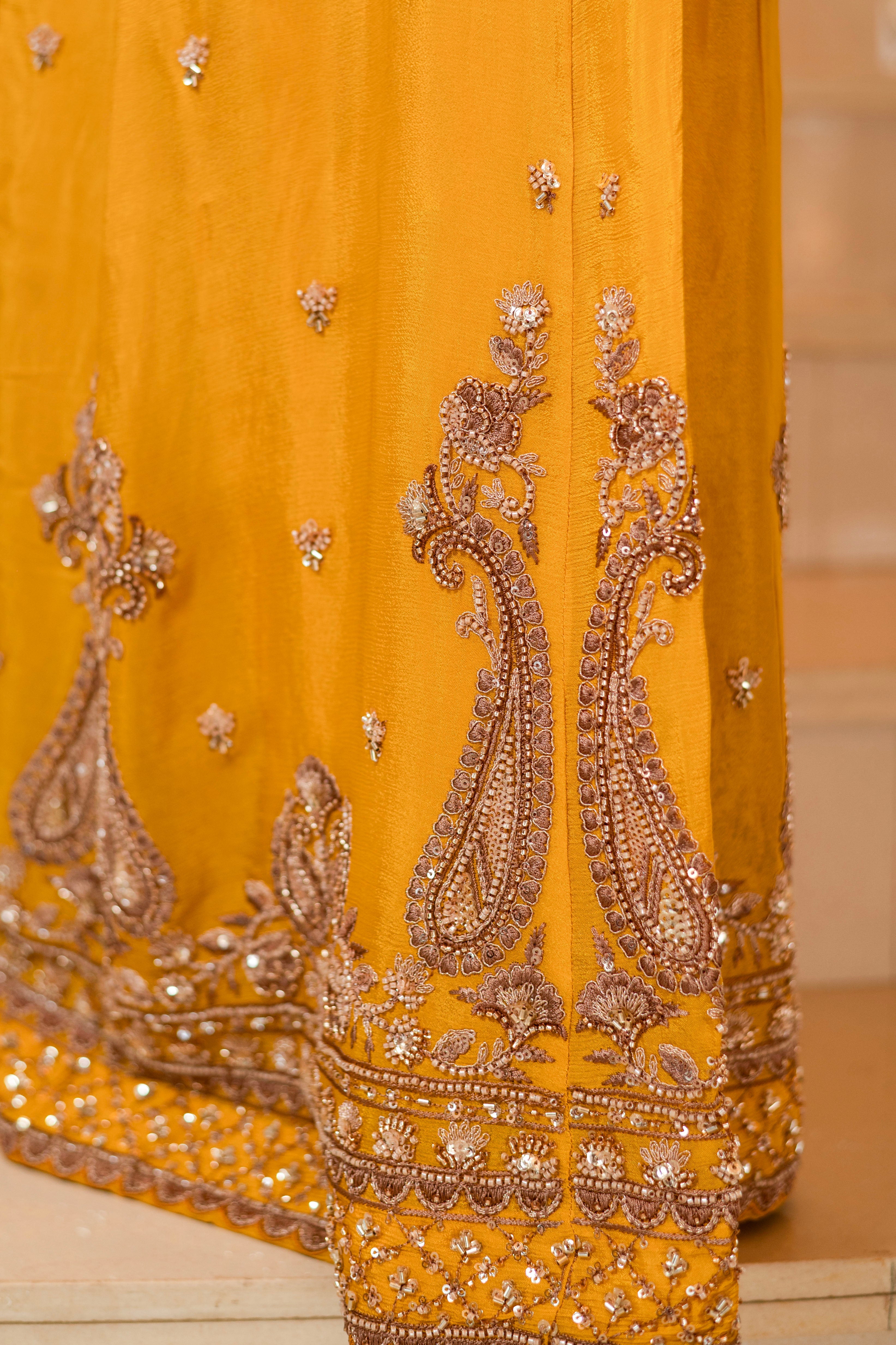 Yellow Viscose Silk Detailed Heavy Embroidered Sharara Set