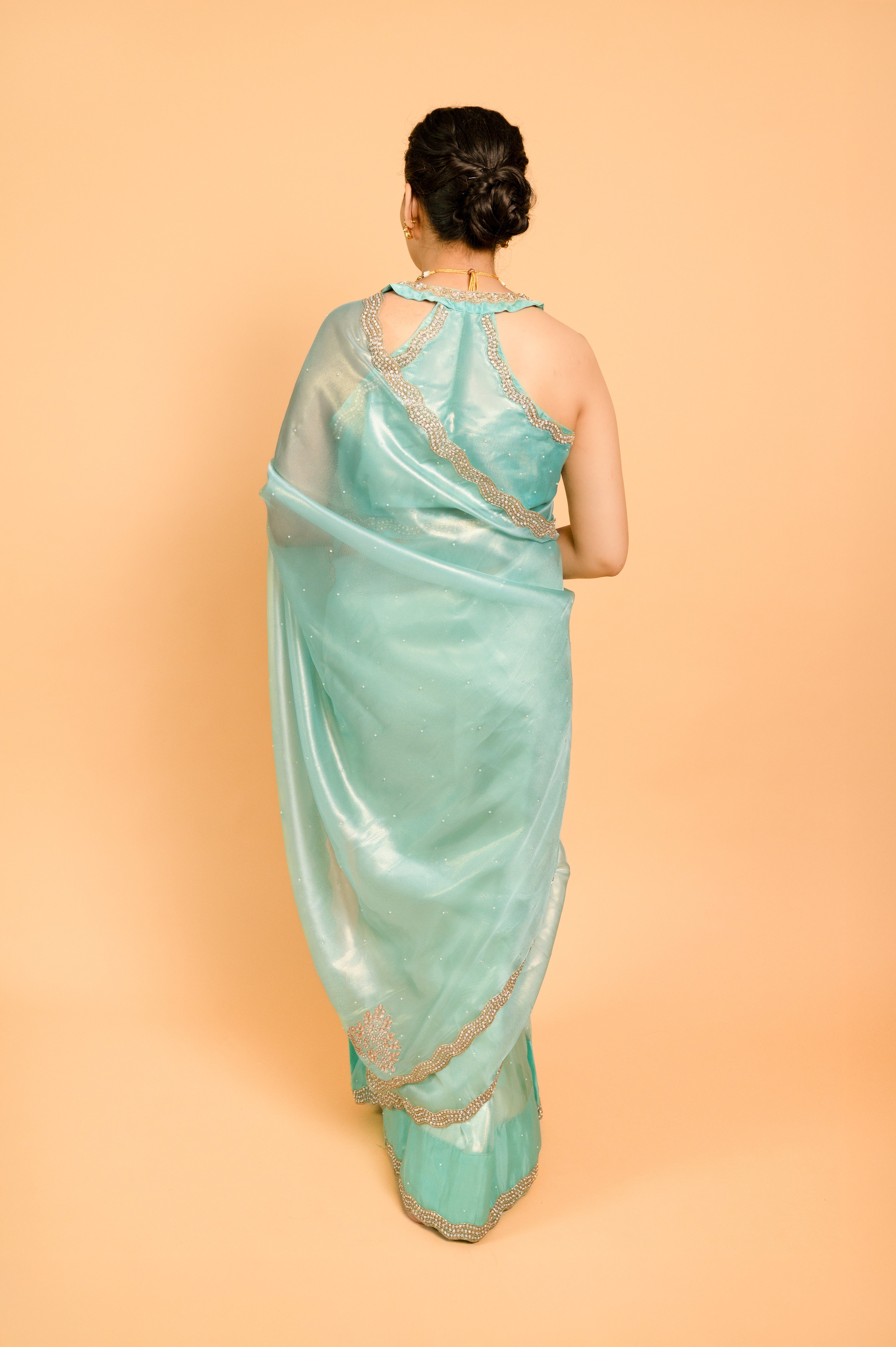 Sea Green Shimmer Organza Saree with Pearl and Sequin work