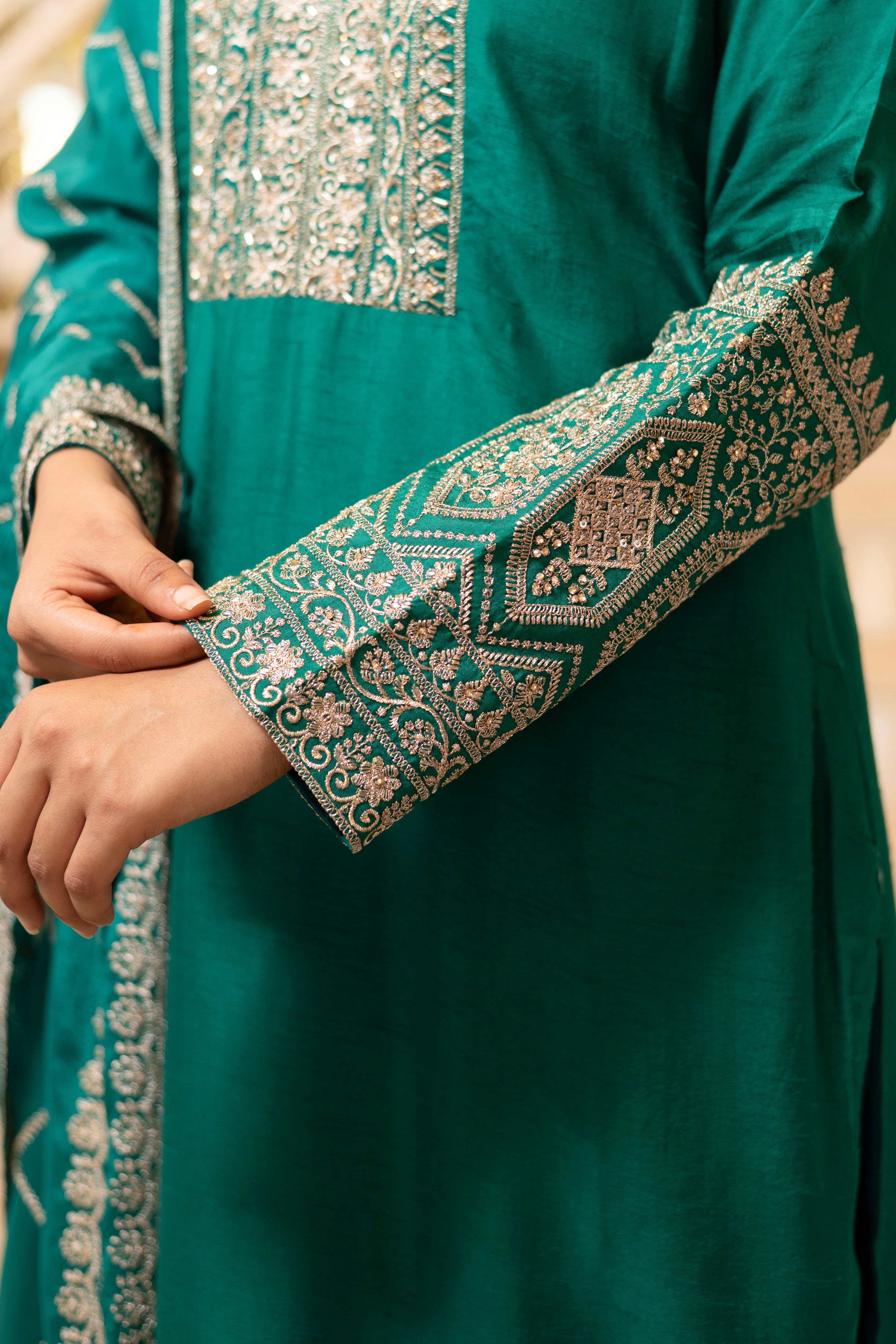 Teal Green Viscose Silk Embroidered Kurta with Flared Palazzo Set