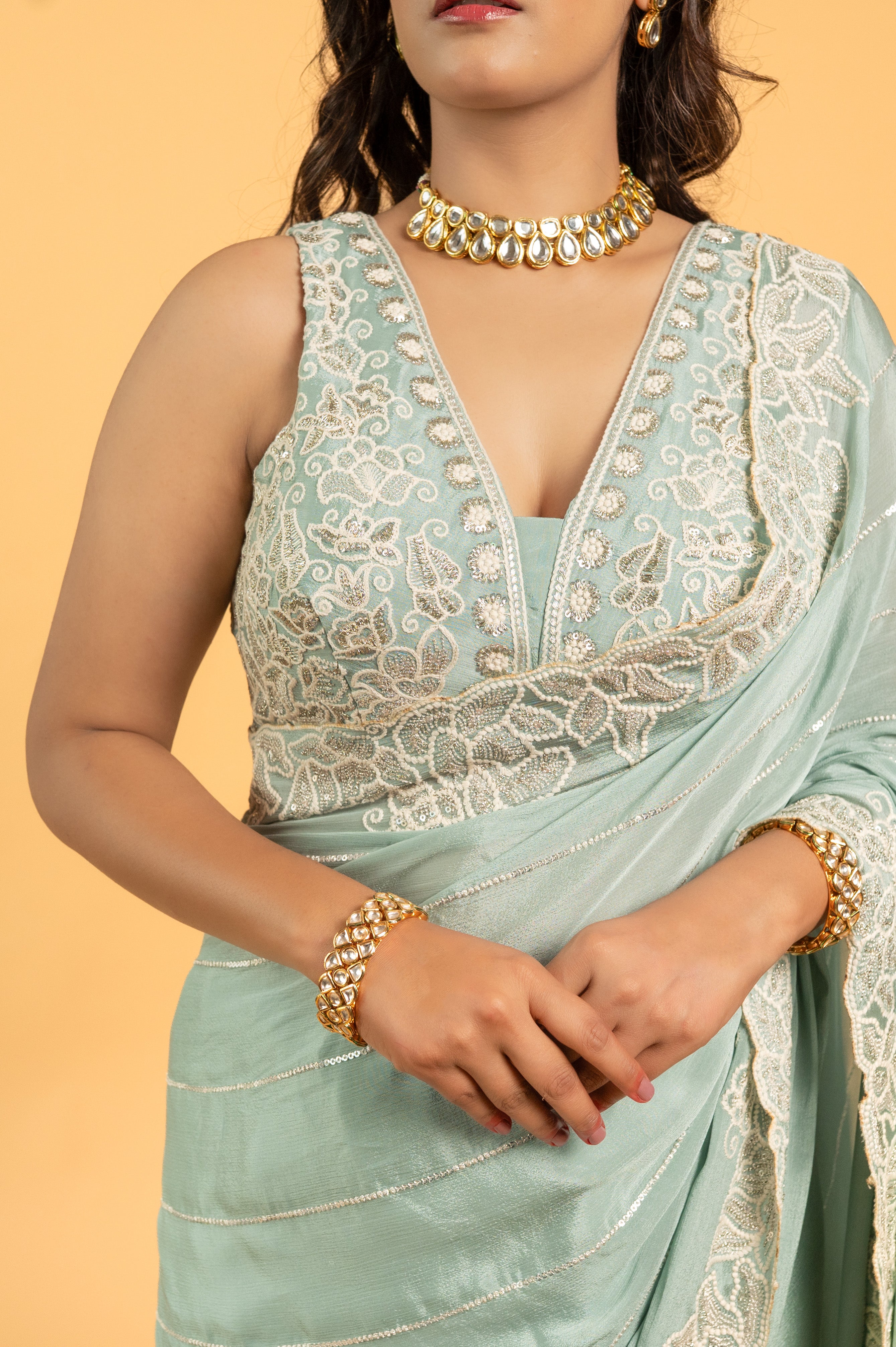 Two Blouse Concept – Black Designer Georgette Saree with White and Silver Embroidery