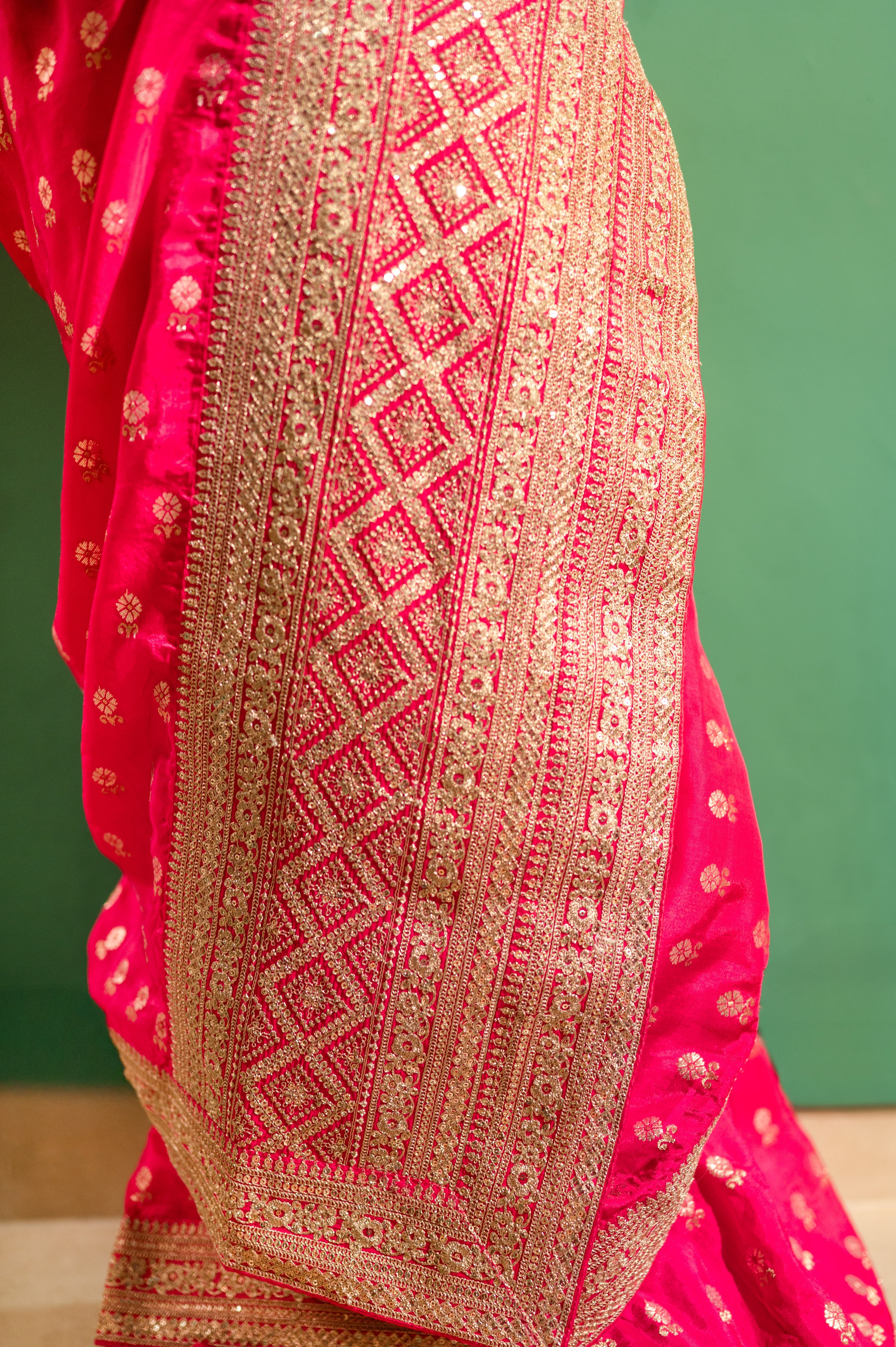 Fushcia Rani Pink Silk Saree with Golden Buti Work and Rich Zari Border