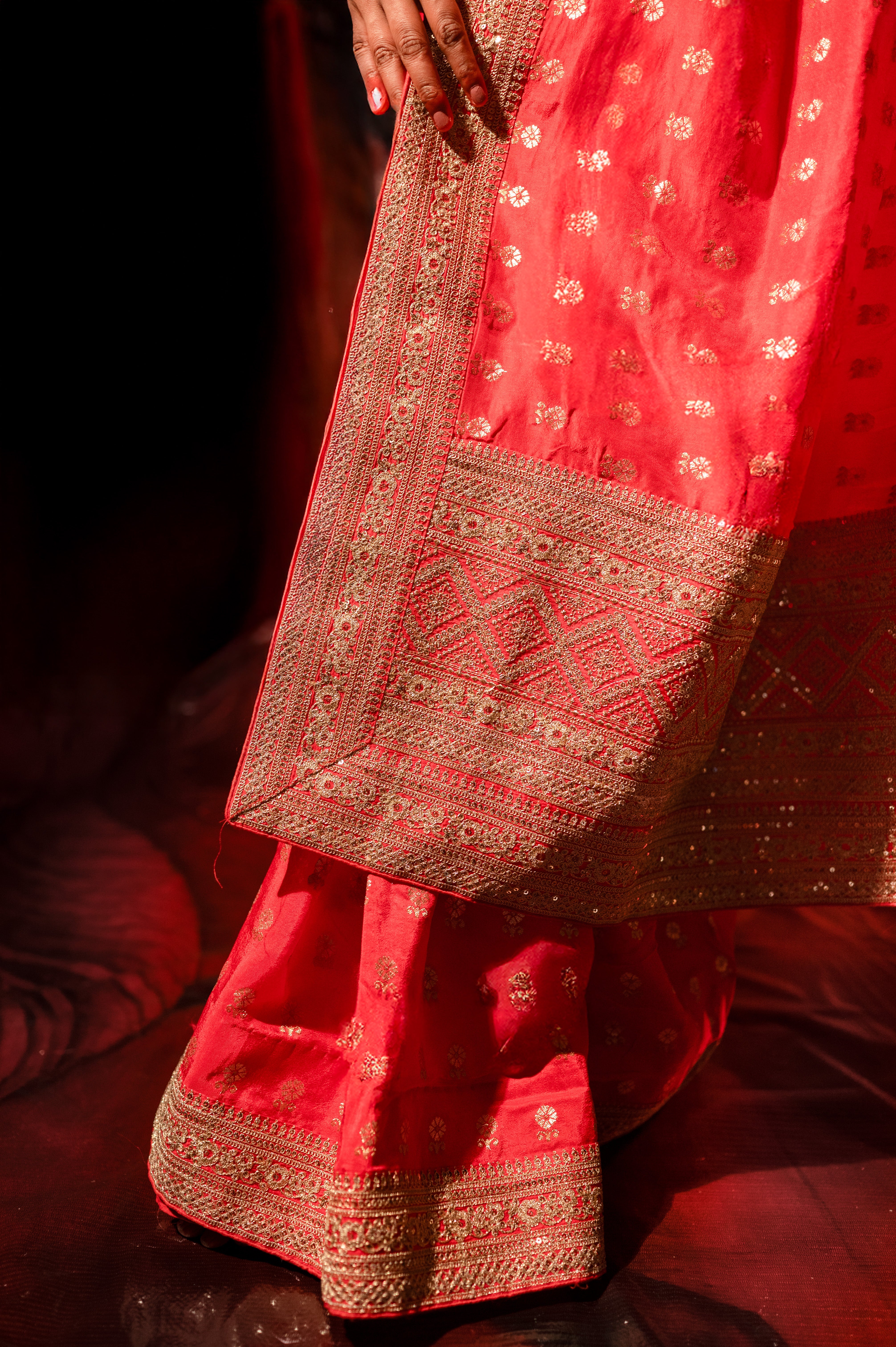 Red Silk Saree with Golden Buti Work and Rich Zari Border