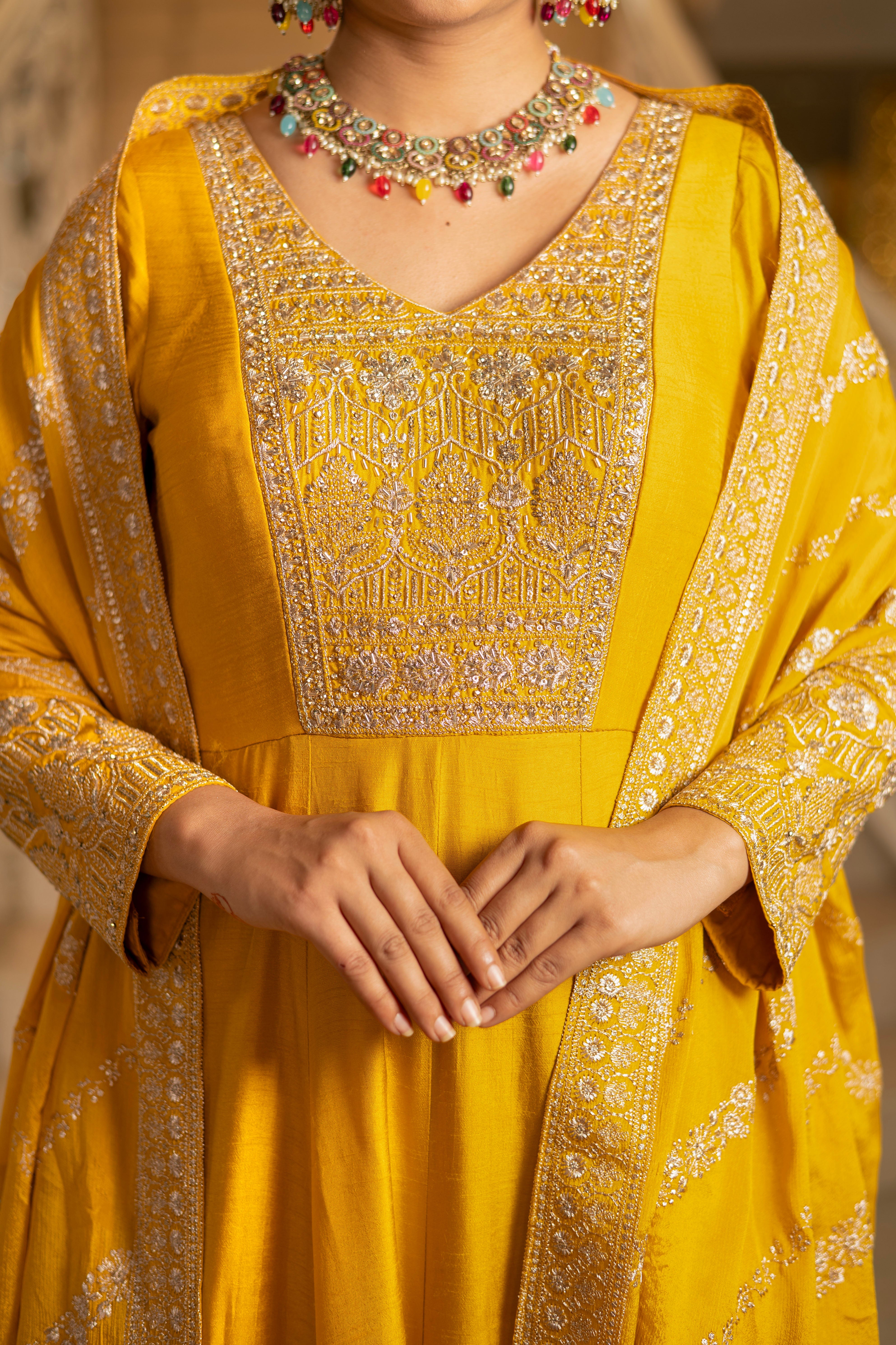 Yellow Viscose Silk Zari Embroidered Floor Length Anarkali Set