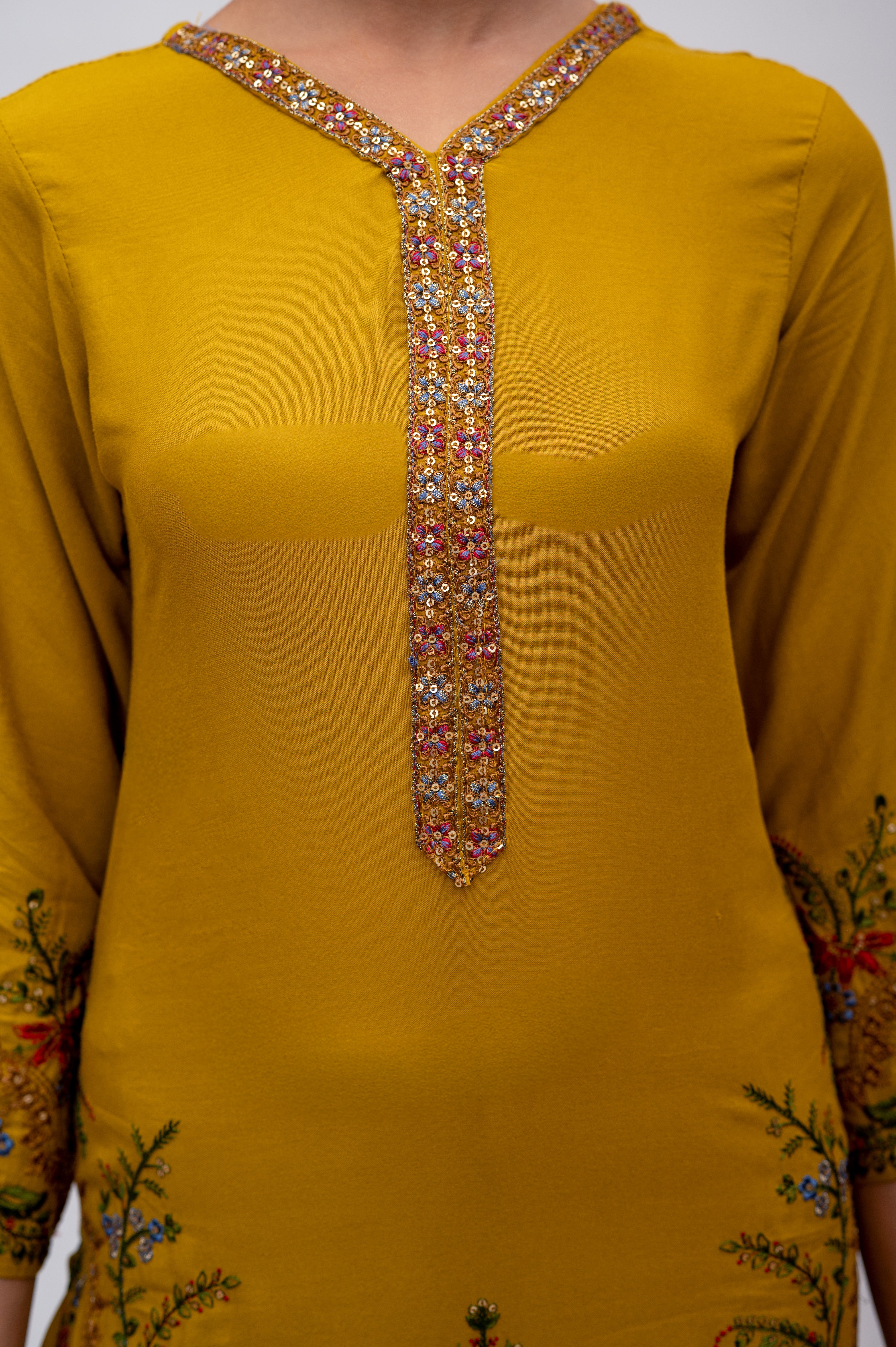 Marigold Yellow Cotton Suit with Embroidery with a Malmal Printed Dupatta