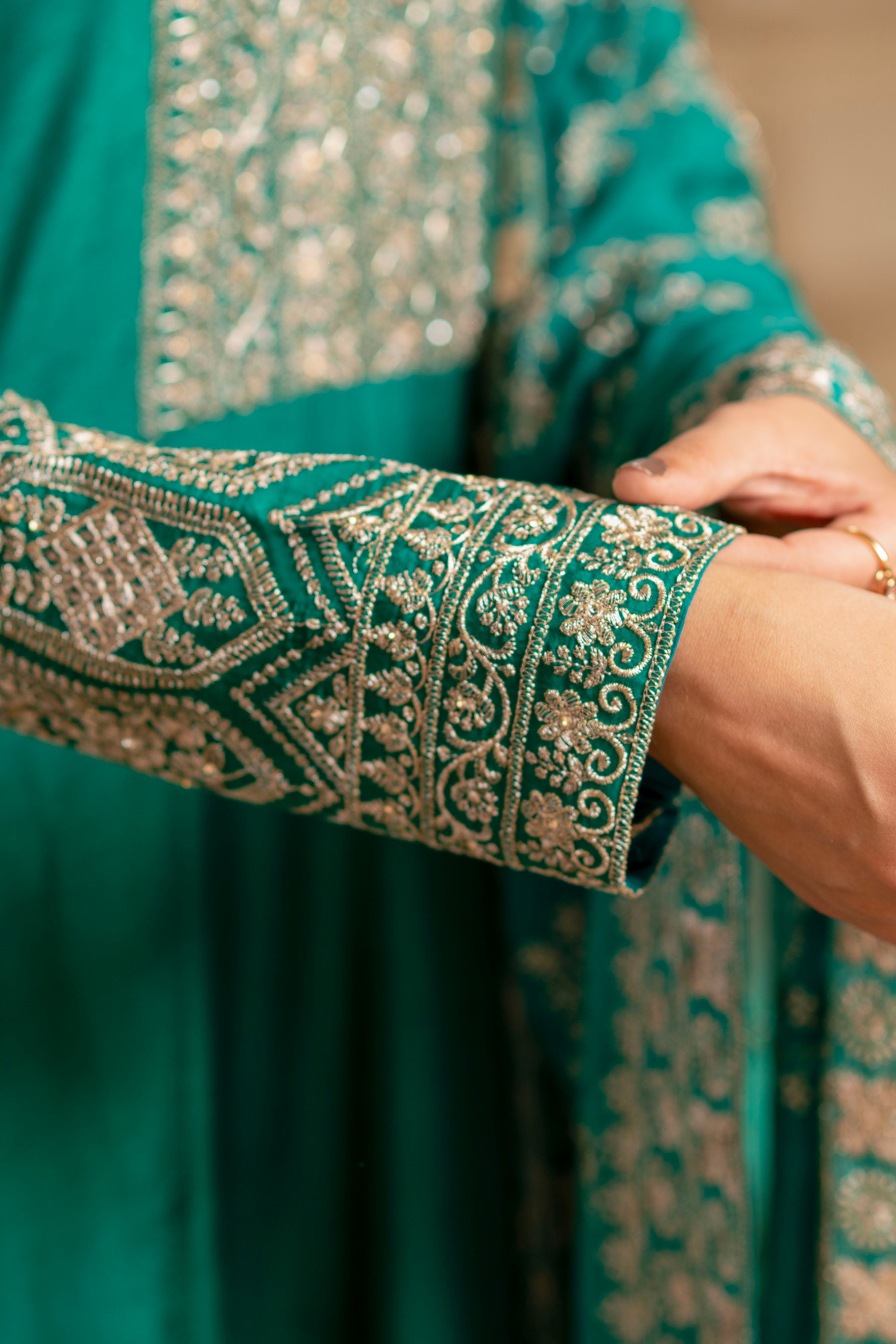 Teal Green Viscose Silk Zari Embroidered Floor Length Anarkali Set
