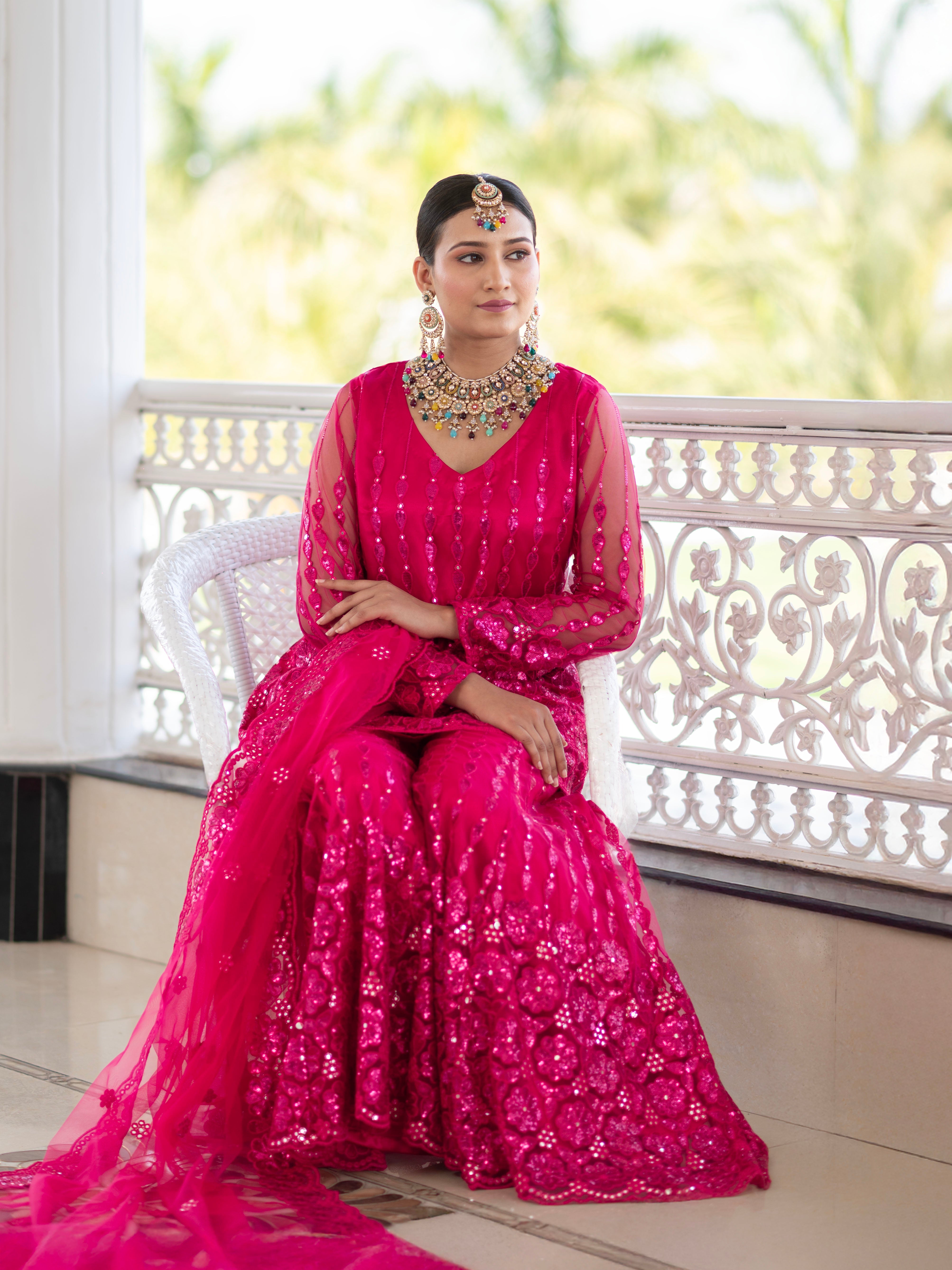 Fuchsia Pink Super Net Full Sleeve Kurta With Flared Palazzo Sets