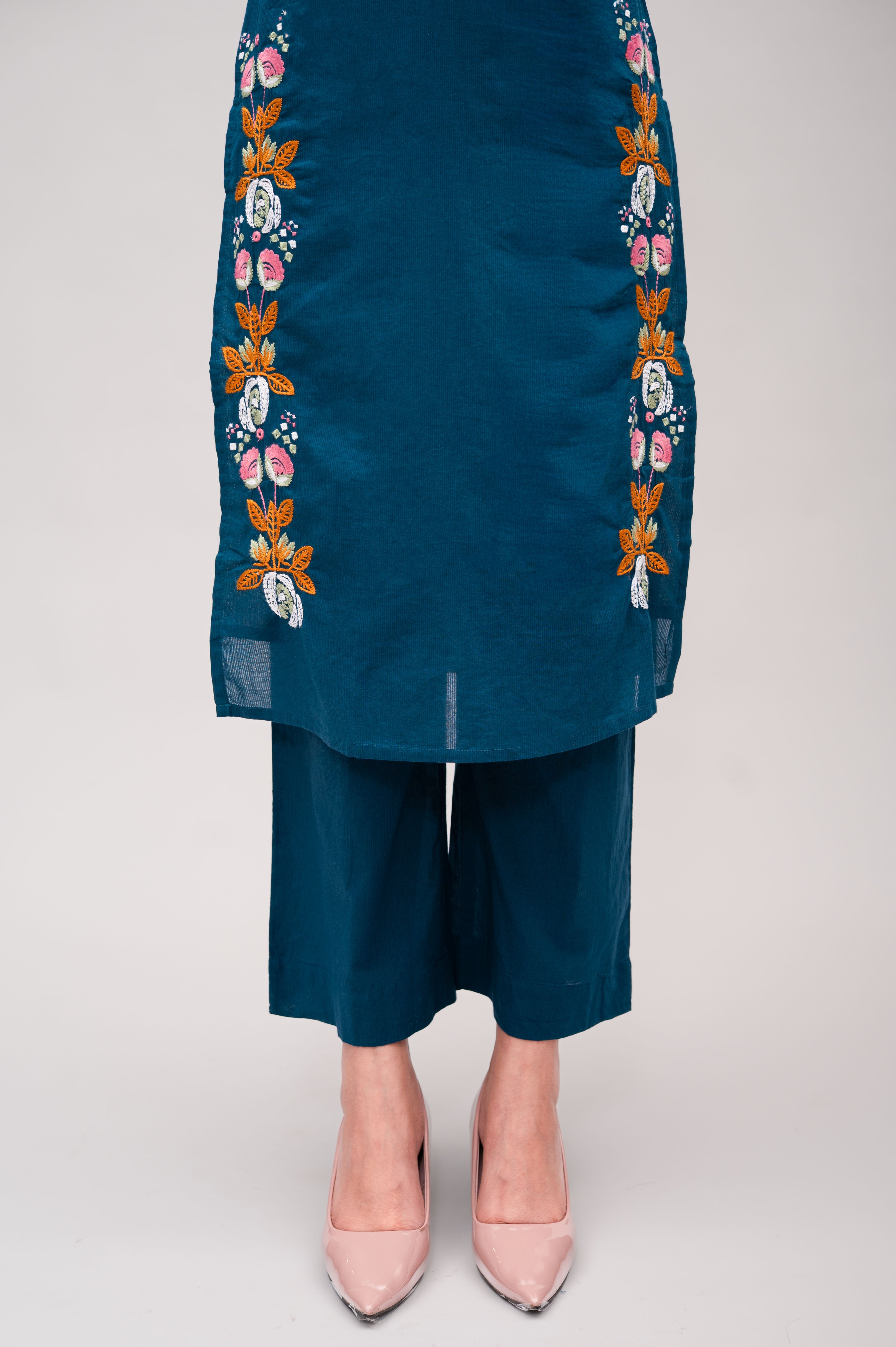 Teal blue Mal Cotton Straight Suit with Pant & Dupatta With Thread Embroidery and Mirror Work