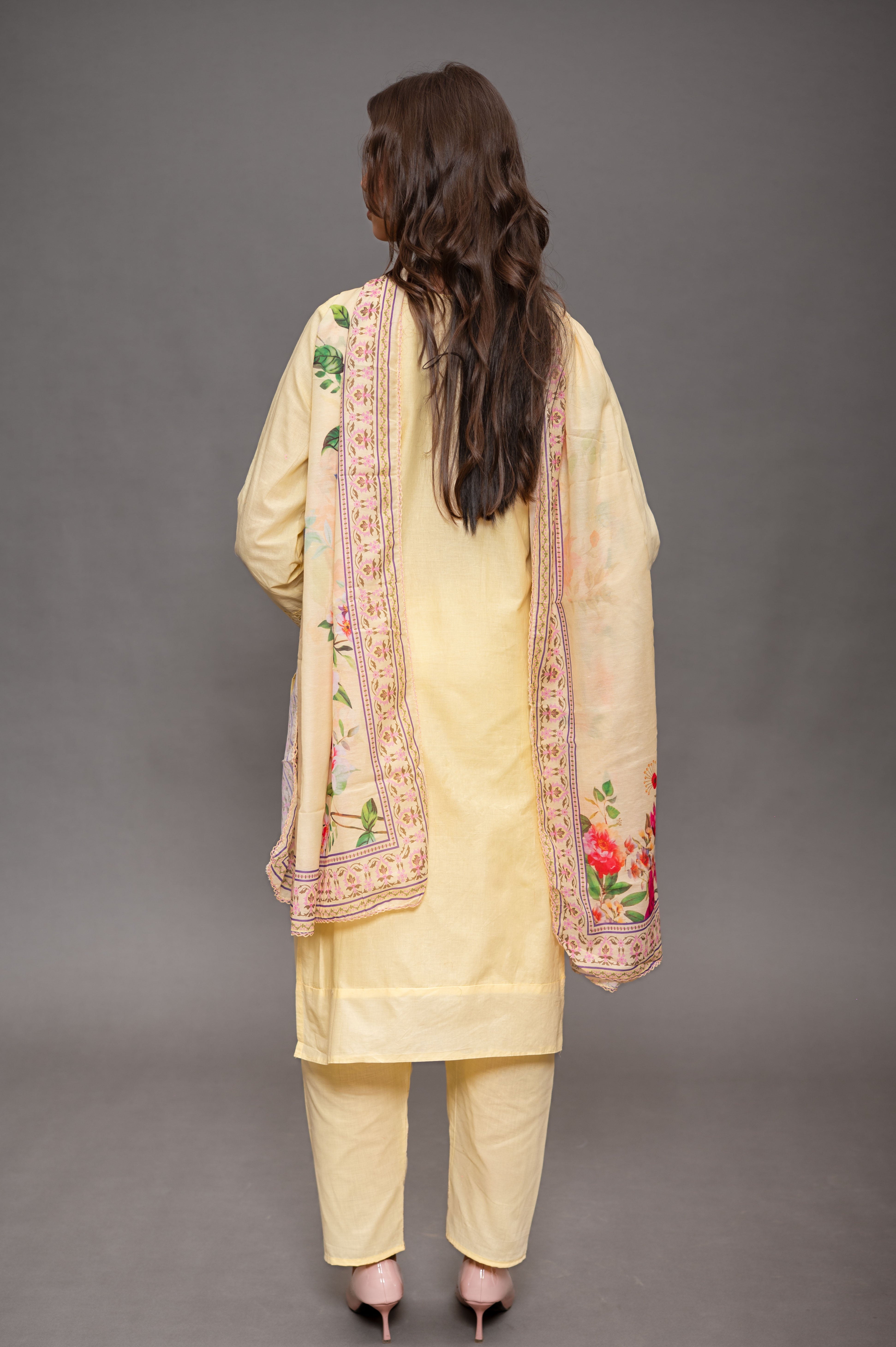 Lemon Yellow Cotton Suit with Embroidery with a Malmal Printed Dupatta