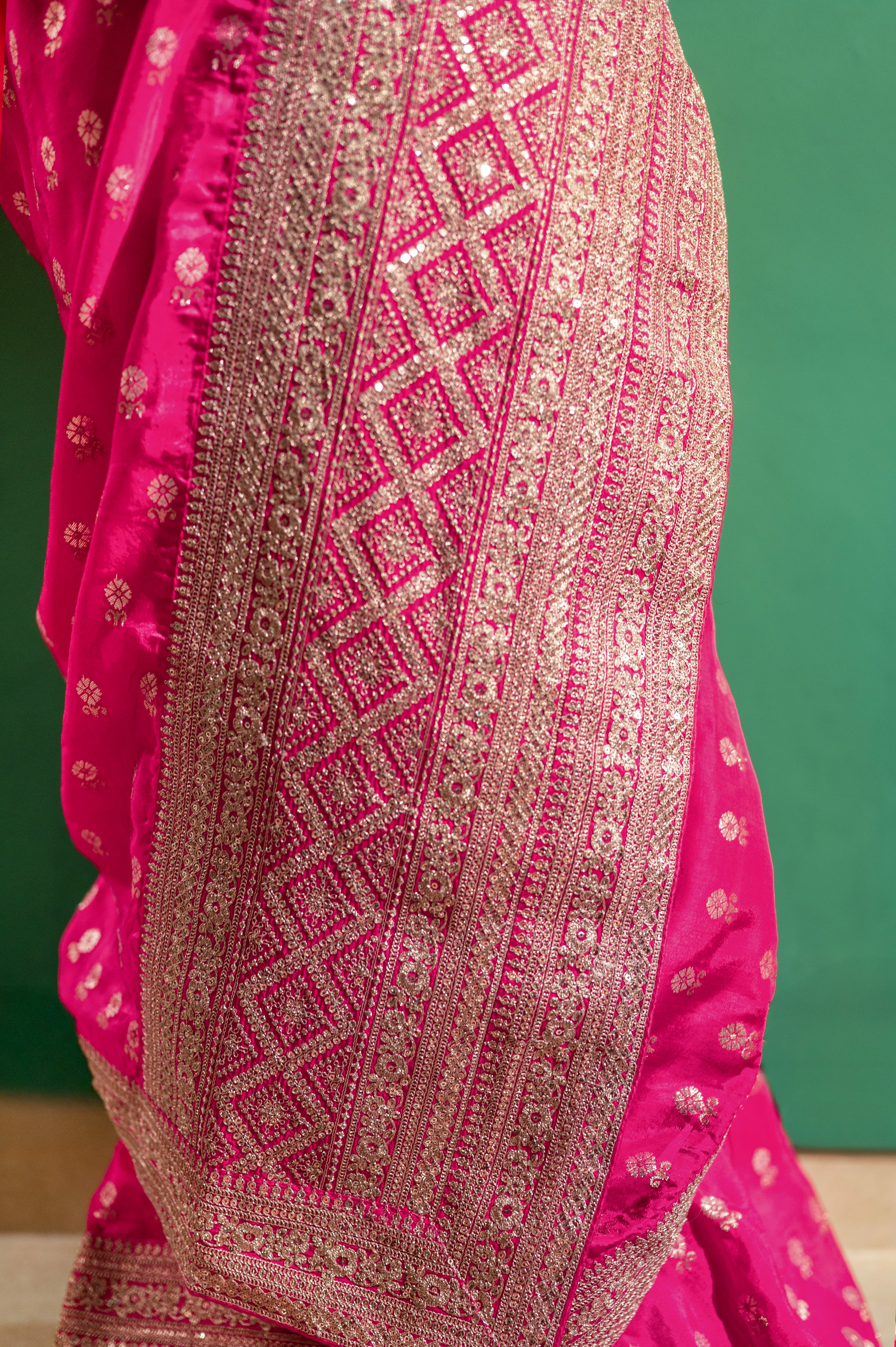 Fushcia Rani Pink Silk Saree with Golden Buti Work and Rich Zari Border