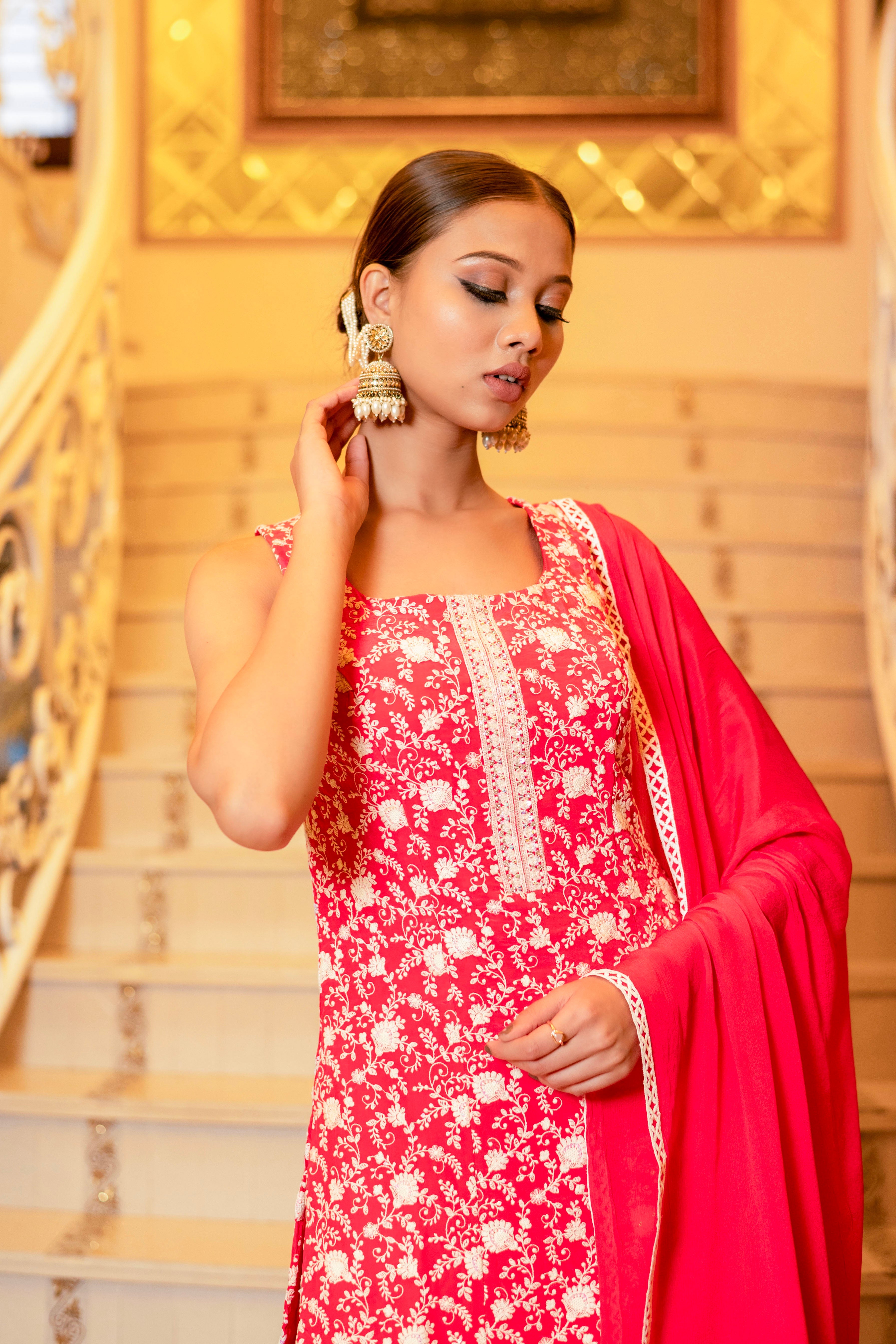 Crimson Red Pink Chiffon Chikankari Crepe Kurta and Palazzo Sets