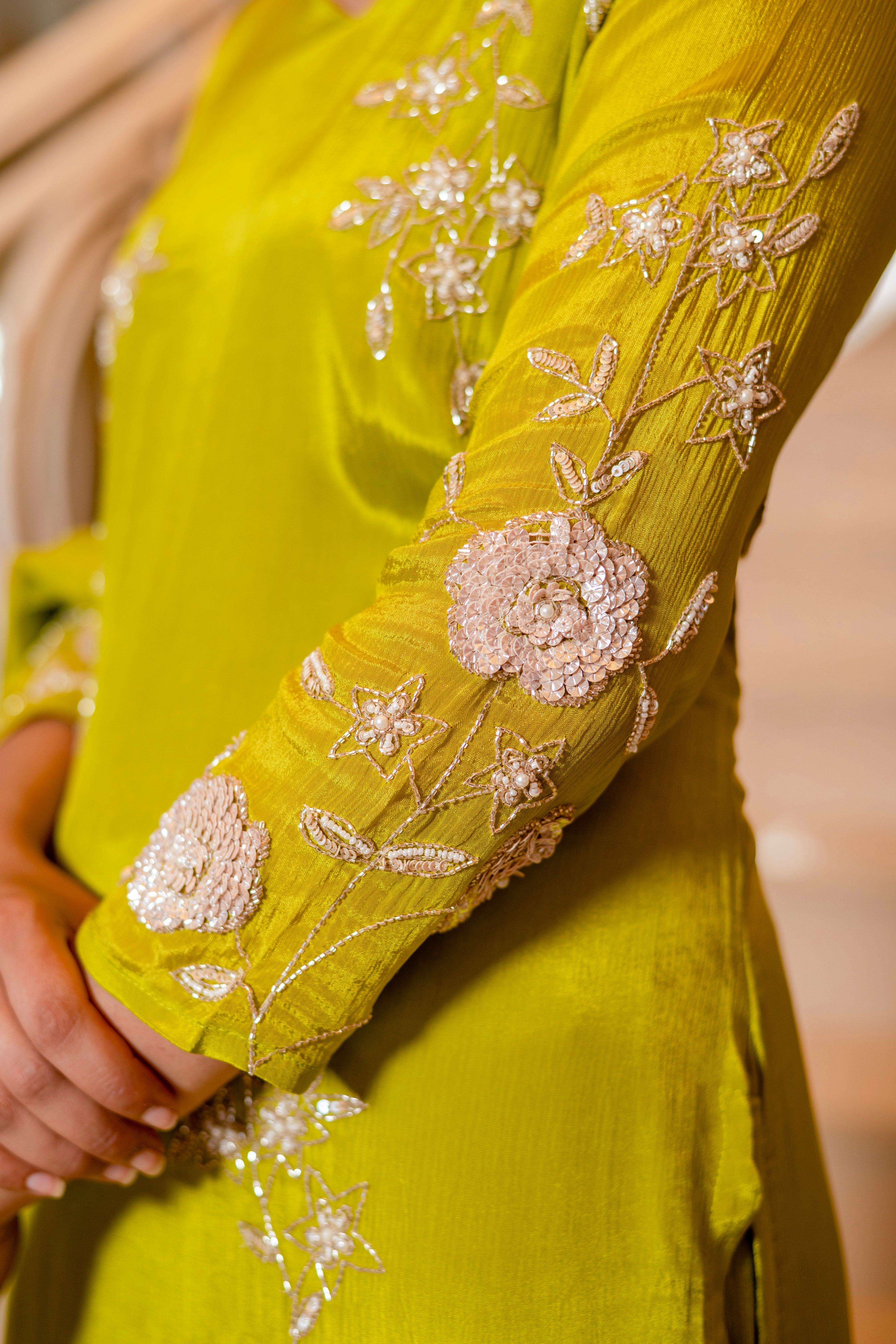 Mehandi Green Chiffon Hand Embroidered Kurta with Palazzo Set