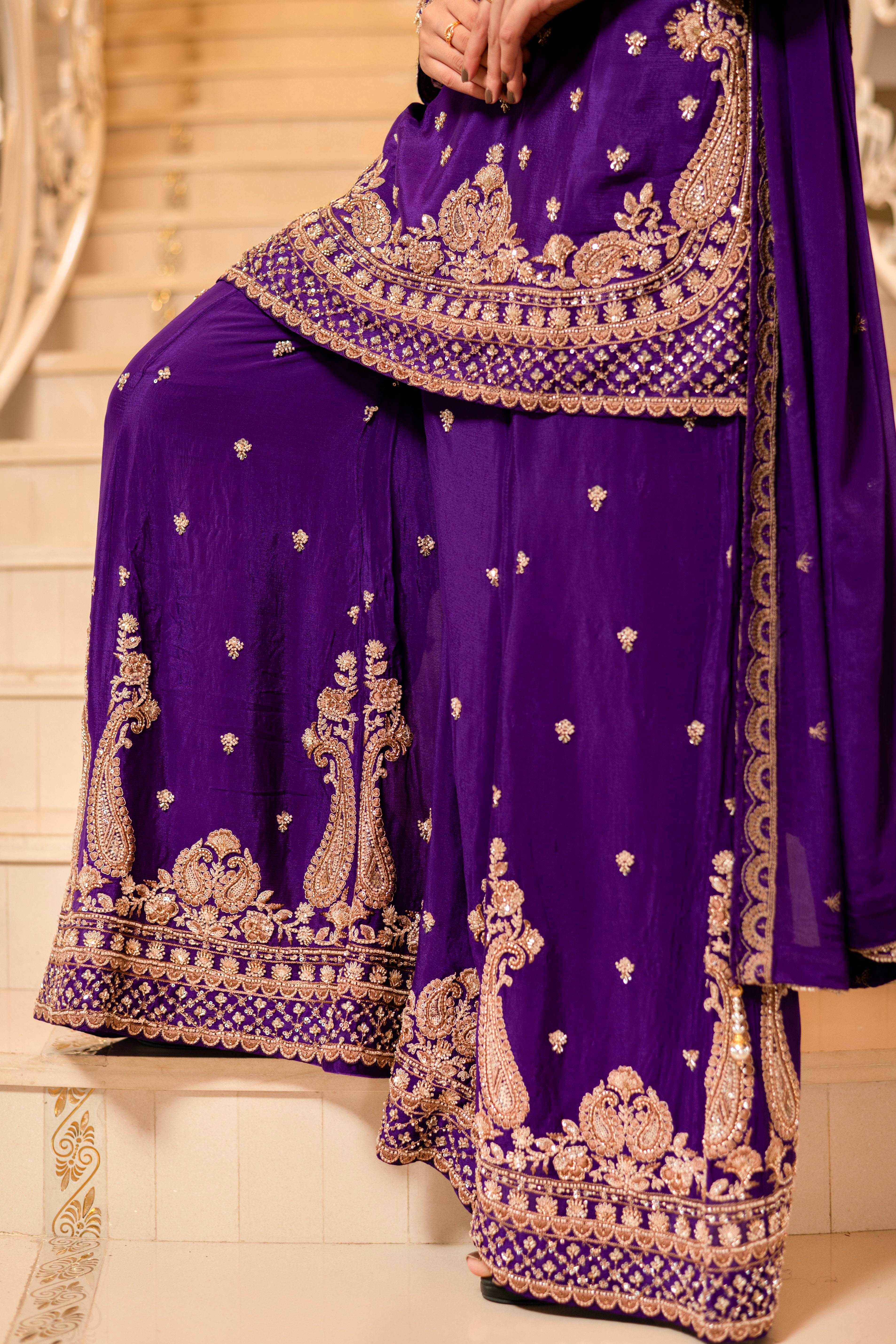 Purple Viscose Silk Detailed Heavy Embroidered Sharara Set