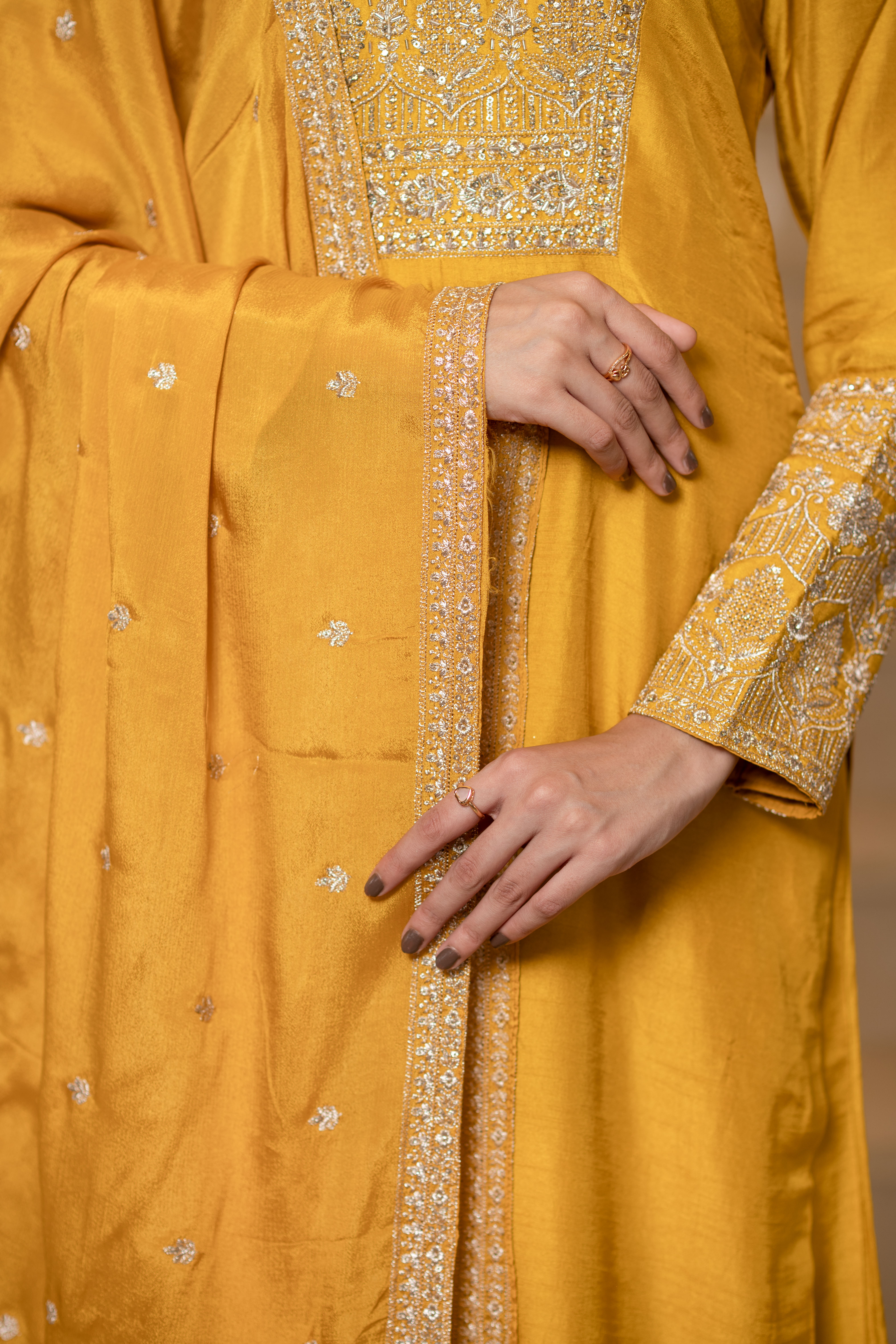 Yellow Viscose Silk Embroidered Kurta with Flared Palazzo Set