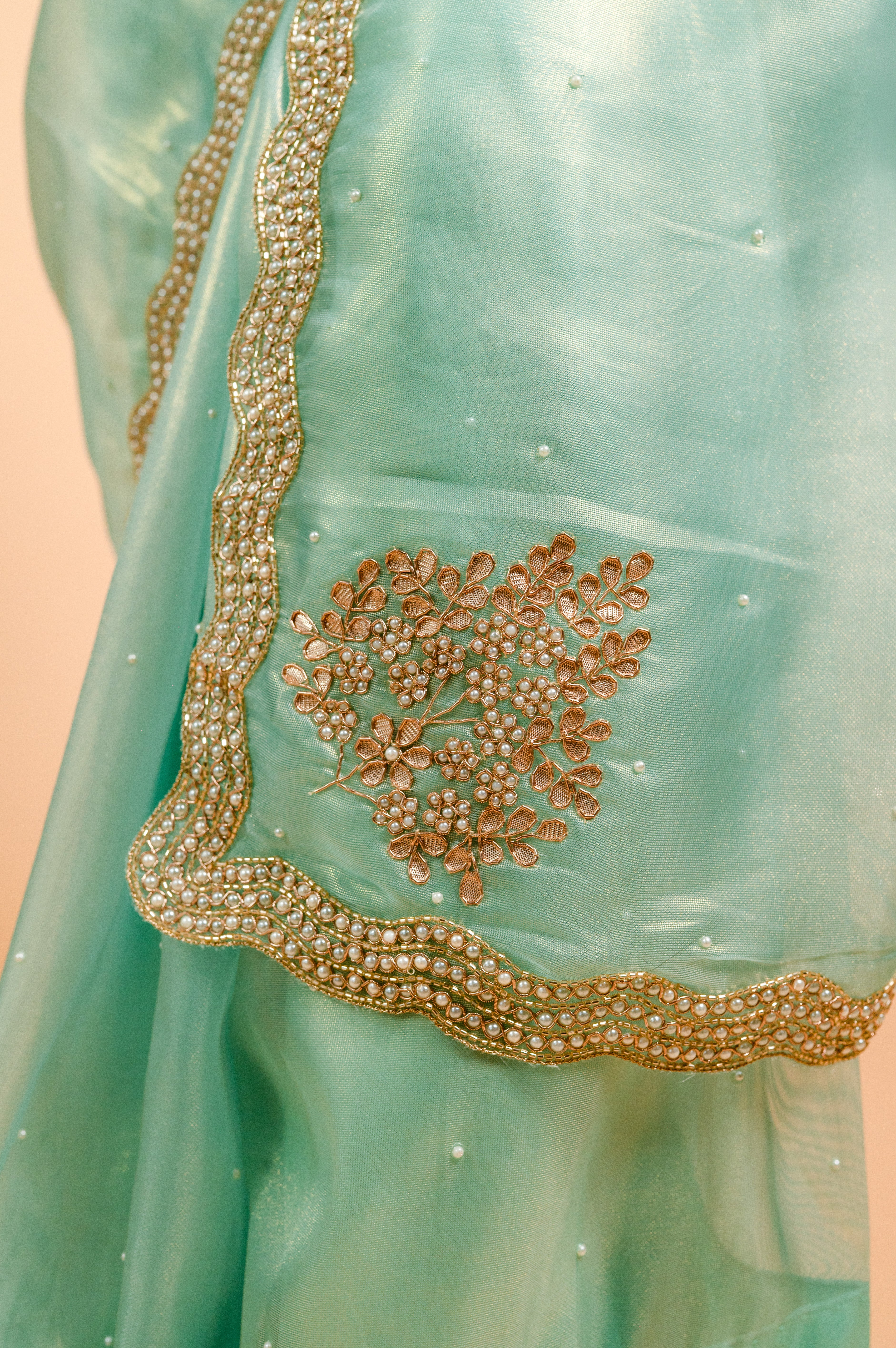 Sea Green Shimmer Organza Saree with Pearl and Sequin work