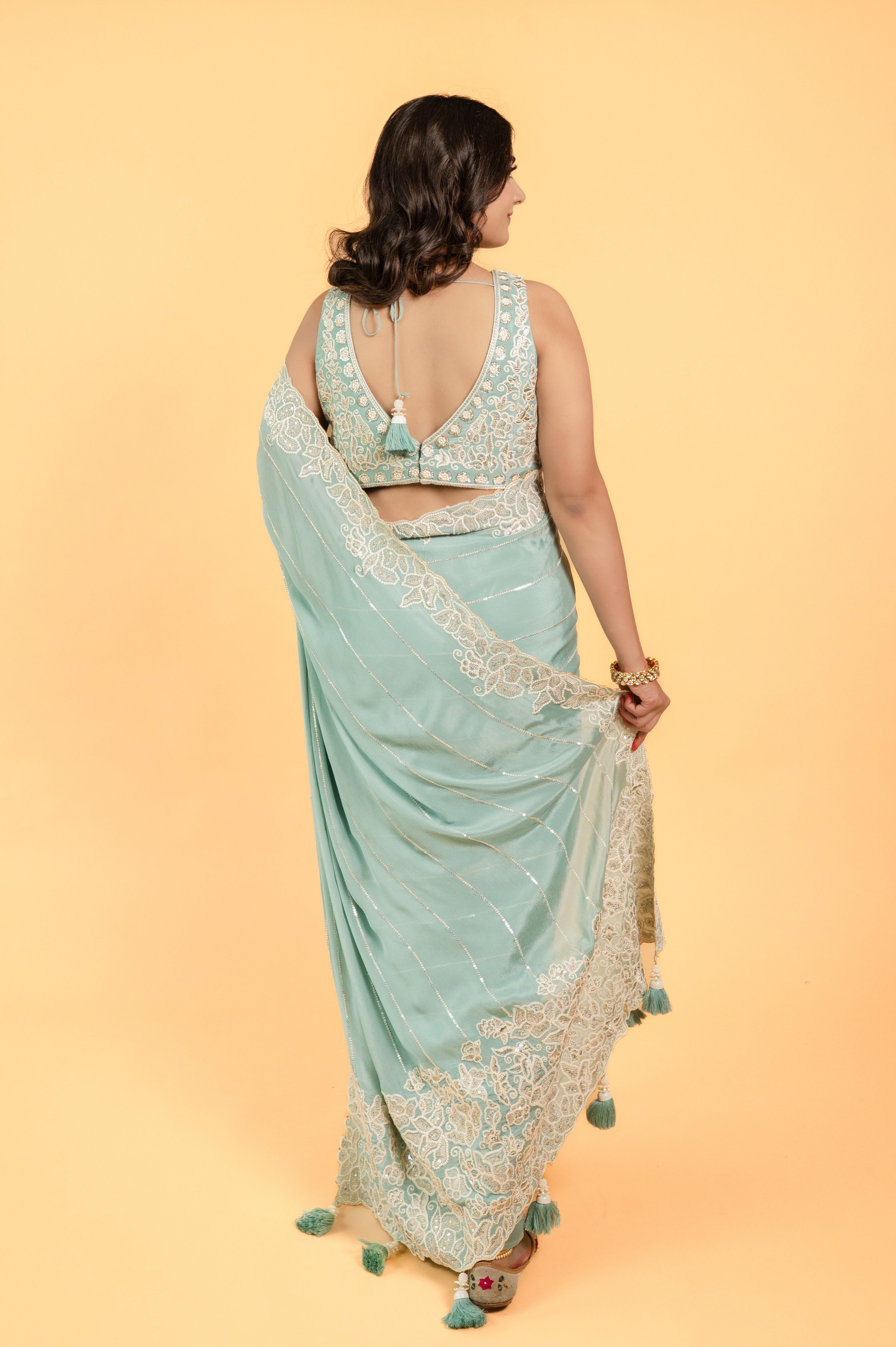 Two Blouse Concept – Sea Blue Designer Georgette Saree with White and Silver Embroidery