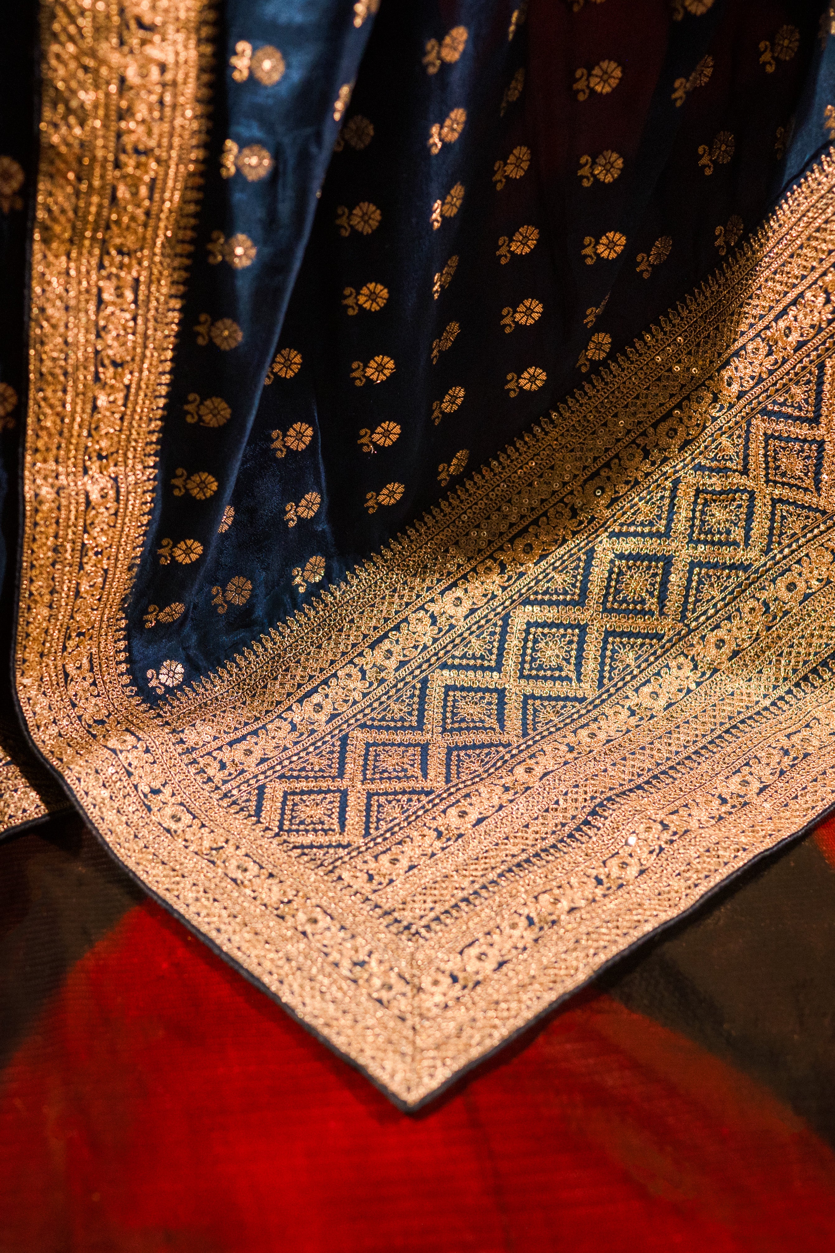 Dark Blue Silk Saree with Golden Buti Work and Rich Zari Border