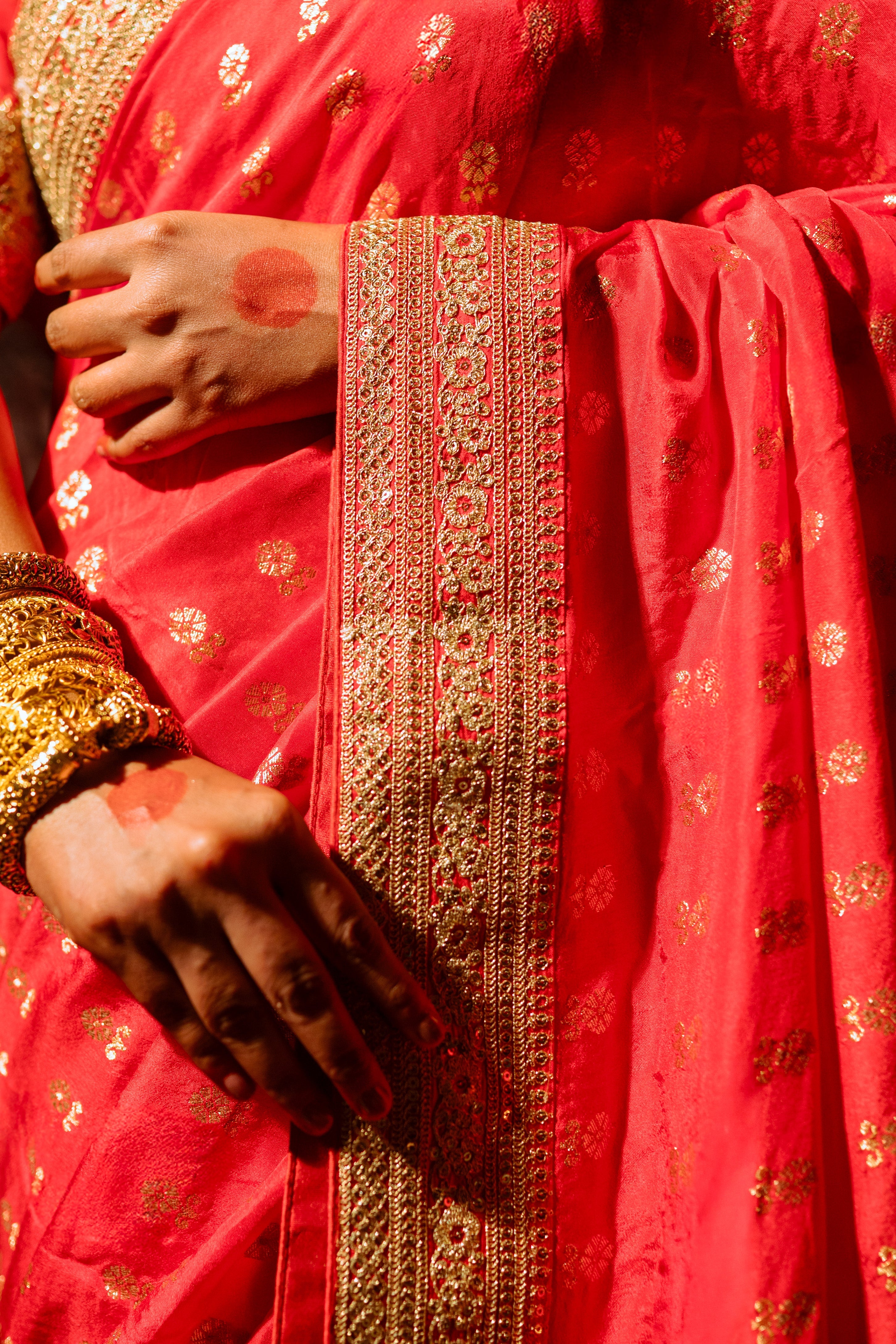 Red Silk Saree with Golden Buti Work and Rich Zari Border