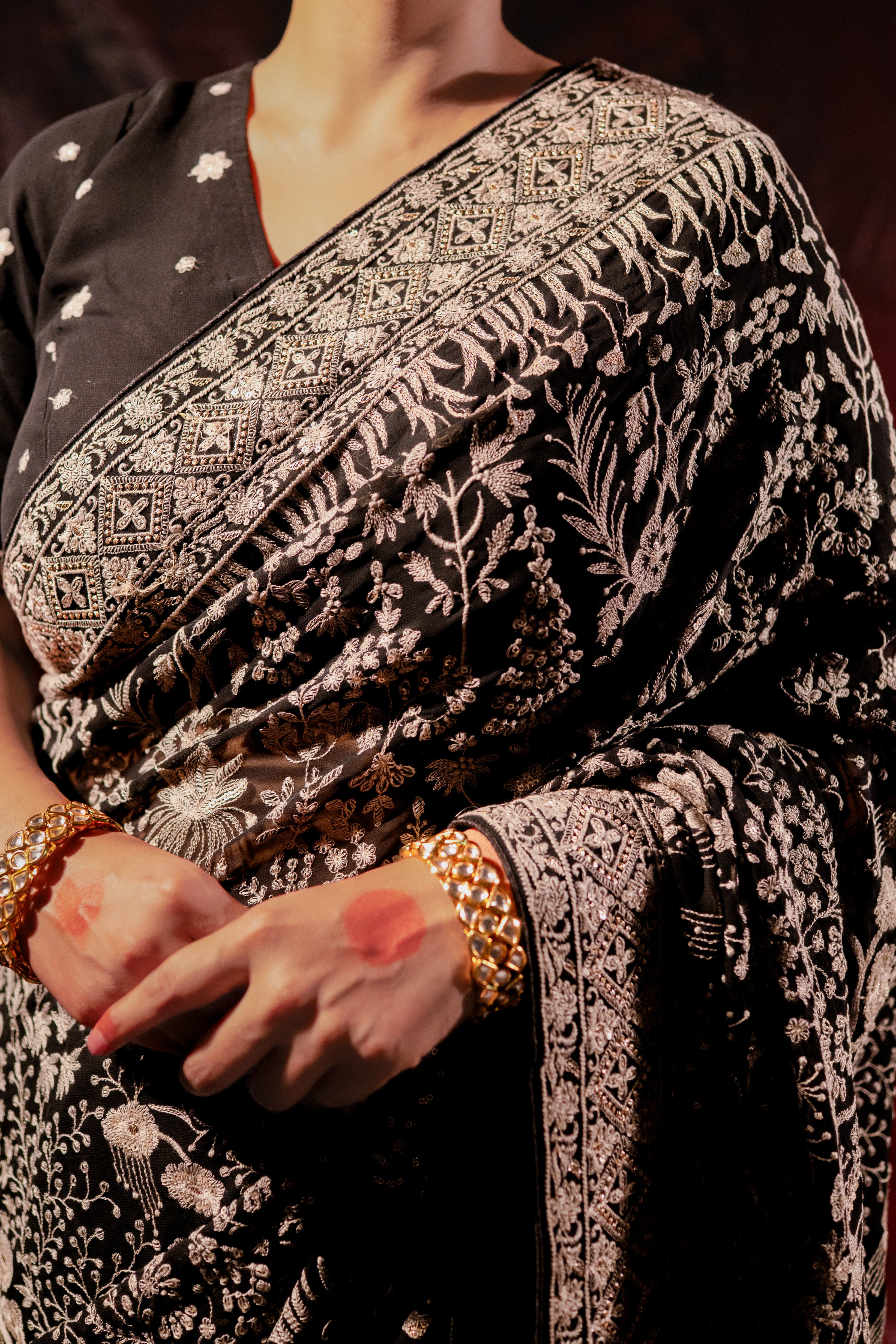 Black Lucknowi Georgette Saree with Beautiful Tassels and Zari Work